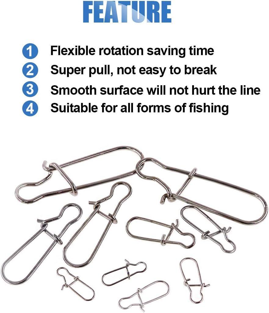 Glarks 250Pcs #1#2#4#6#8 Strong Stainless Steel Duo Lock Snaps Nice Swivel Slid Rings Fishing Lure Hook Connector Freshwater Saltwater Fishing Gear Accessories Assortment Kit - Test: 40LB-220LB