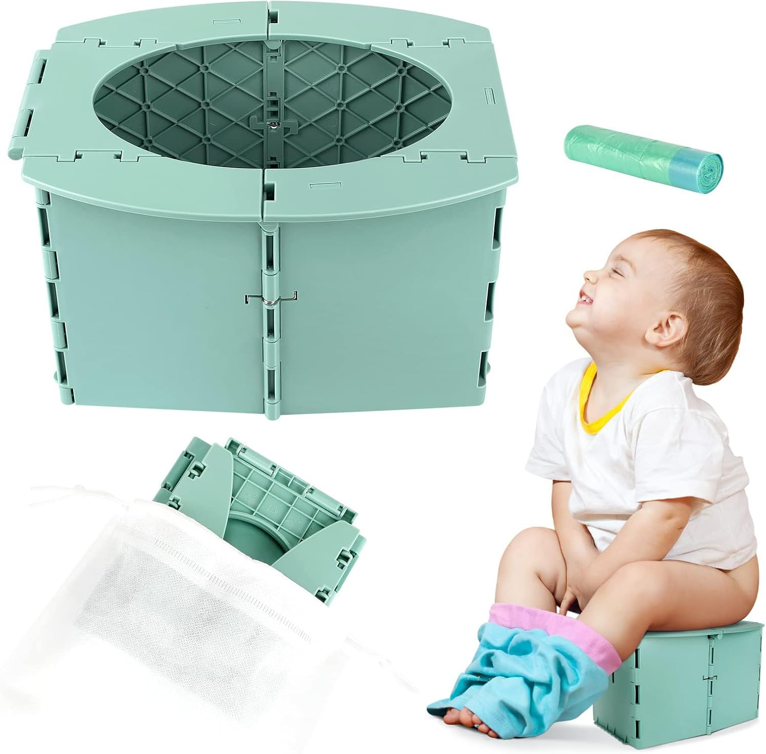 Travel Potty for Kids, Reusable Portable Folding Potty for Toddler, Foldable Toilet for Outdoor Camping, Toddler Potty Seat (Green)