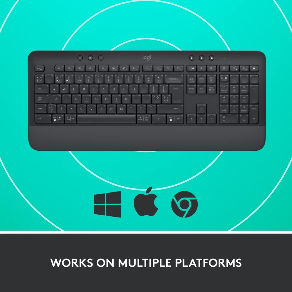 Logitech Signature K650 Comfort Full-Size Wireless Keyboard with Wrist Rest, BLE Bluetooth or Logi Bolt USB Receiver, Deep-Cushioned Keys, Numpad, Compatible with Most Os/Pc/Window/Mac - Graphite image number 3