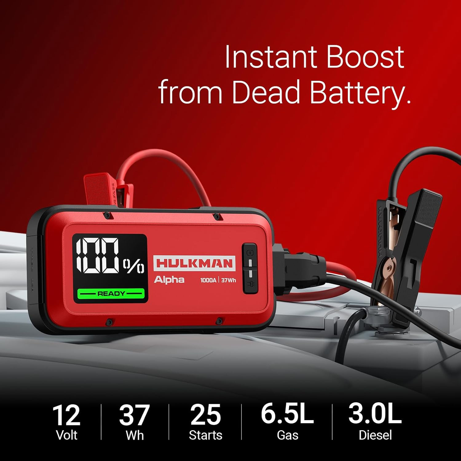 Hulkman Alpha Ultra Red, 1000A 37Wh Jump Starter, Power without the Bulk, Car Battery Jump Starter & Jump Box with 2.9" Smart Display, 45-Min Full Charge, Jumper Cables for 6.5L Gas/3.0L Diesel image number 4