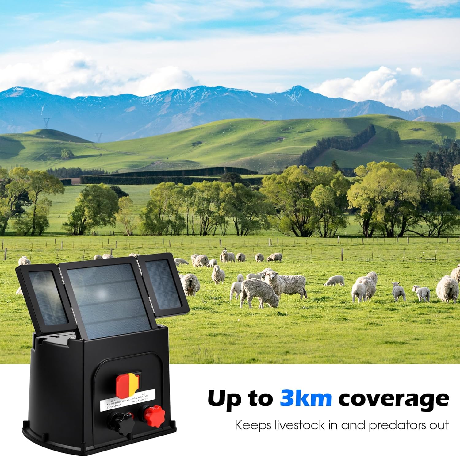 Advwin Solar Electric Fence Charger - 3Km Range, 0.1J 8KV Solar Powered, 3.5W Electric Fence Energizer for Livestock, Poultry, Garden Protection image number 5
