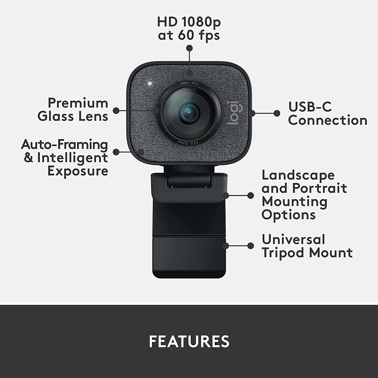 Logitech for Creators Streamcam - Premium Webcam for Streaming and Video Content Creation, Full HD 1080P 60 Fps, Premium Glass Lens, Smart Autofocus, USB Connection, for PC, Mac, Graphite - Off White image number 2