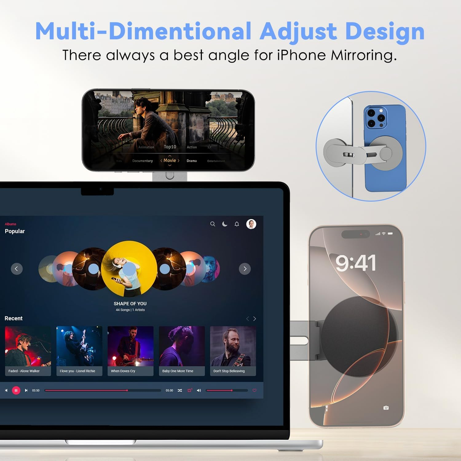 Cloudvalley 3D Rotating Magnetic Phone Stand, Adjustable Continuity Camera Mount Compatible with Iphone Magsafe Series & All Phones, Foldable Holder Bracket for Tesla Laptop Monitor, Grey - Grey image number 6