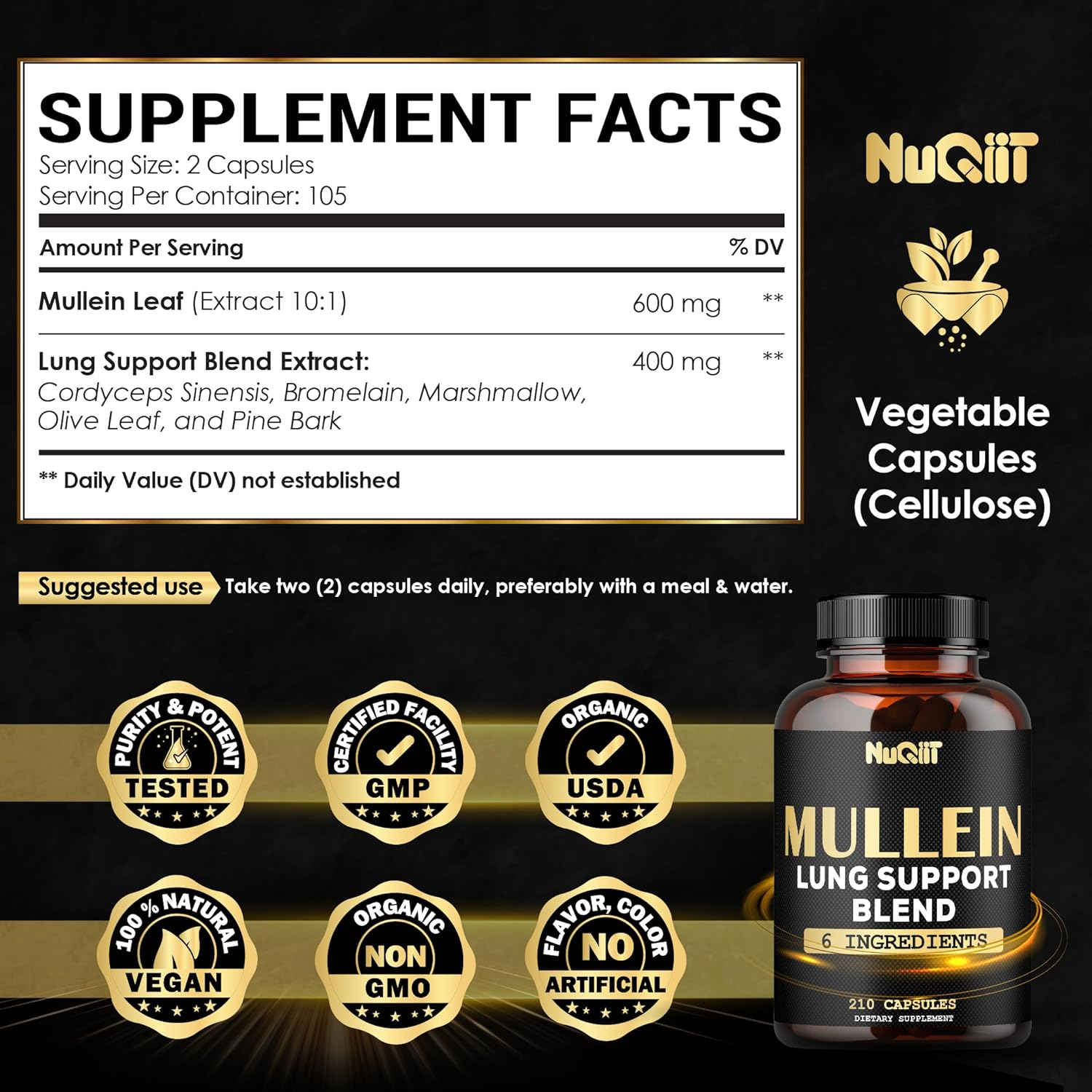 Mullein Leaf Capsules with Herbal Complex as Cordyceps Sinensis, Marshmallow, and More - Respiratory Health, Immune System & Body Balance Support - 105 Servings image number 5