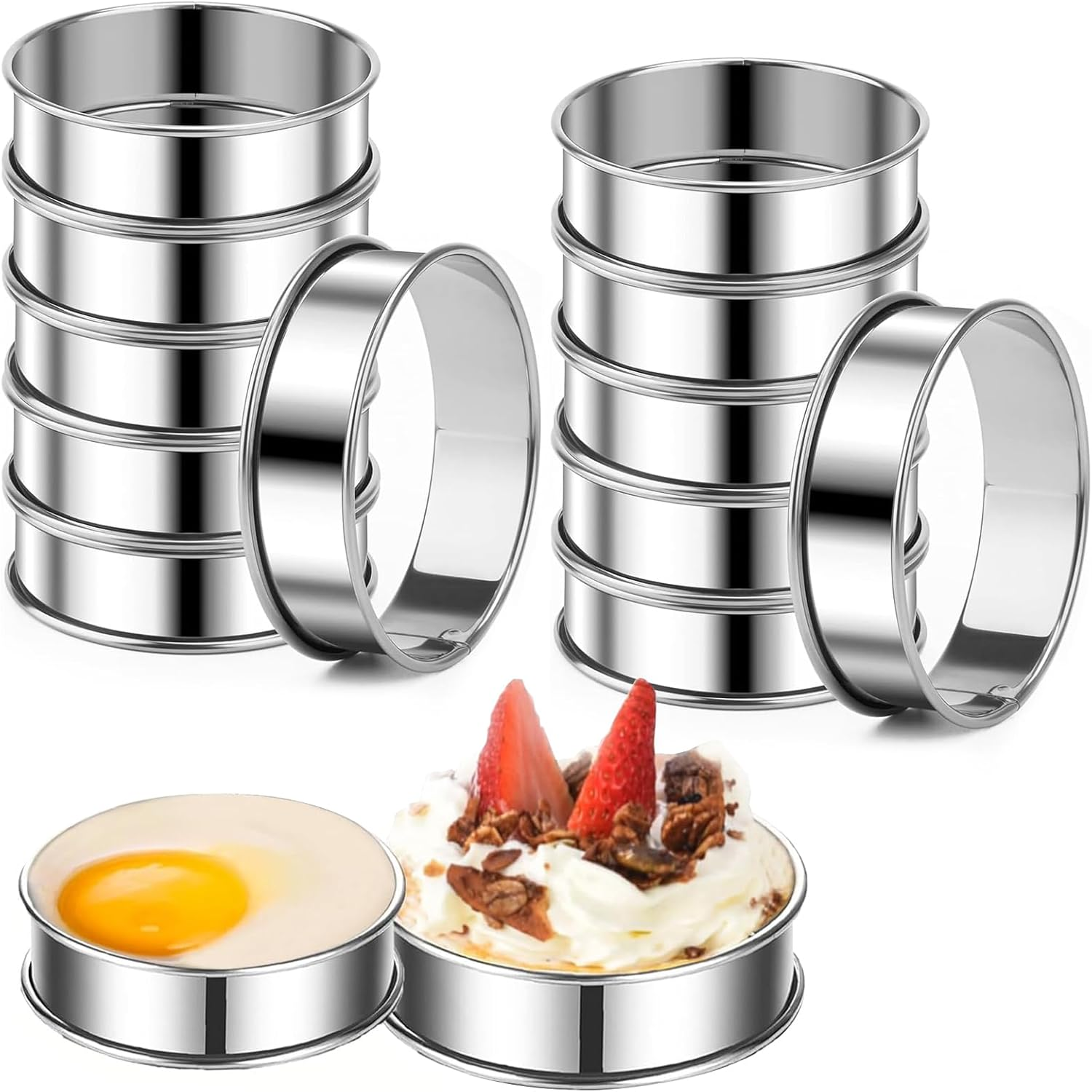 12 PCS English Muffin Rings, Stainless Steel Crumpet Rings, Nonstick Metal round Ring Muffins Molds, Double Rolled Tart Muffin Ring for Home Baking Fluffy Eggs Pancakes Pastry (10.5CM) image number 3