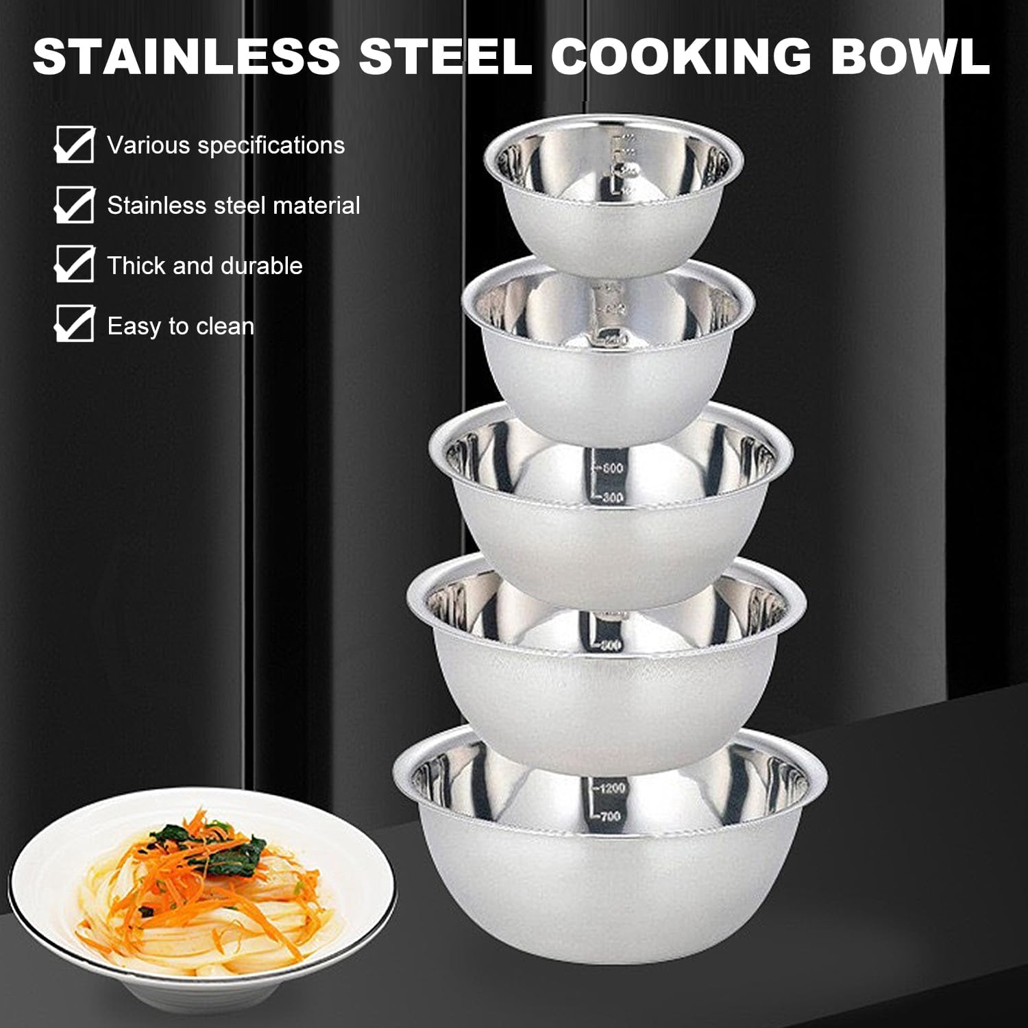 Stainless Steel Mixing Bowls Set of 5, Nesting Whisking Bowl Set, Space-Saving Storage, Metal Mixing Bowls for Baking, Prepping, Cooking and Serving Food, Salad, Vegetables image number 4