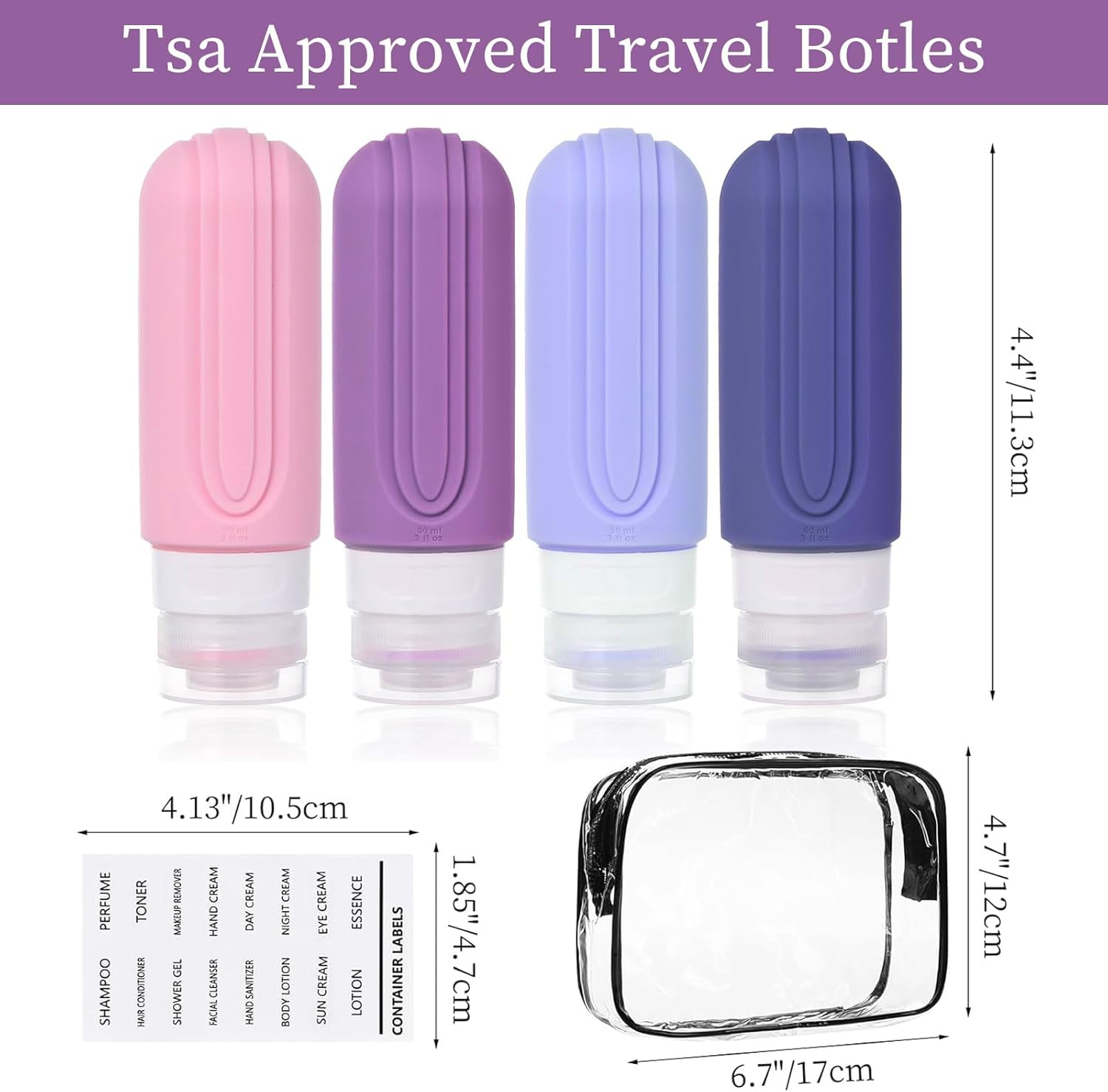 Travel Bottles for Toiletries, 90Ml Portable Travel Bottles with Clear Zipper Toiletry Bag, Reusable Squeezable Bpa-Free Silicone Containers for Shampoo, Conditioner, Lotion, Travel Essentials(Purple) image number 1