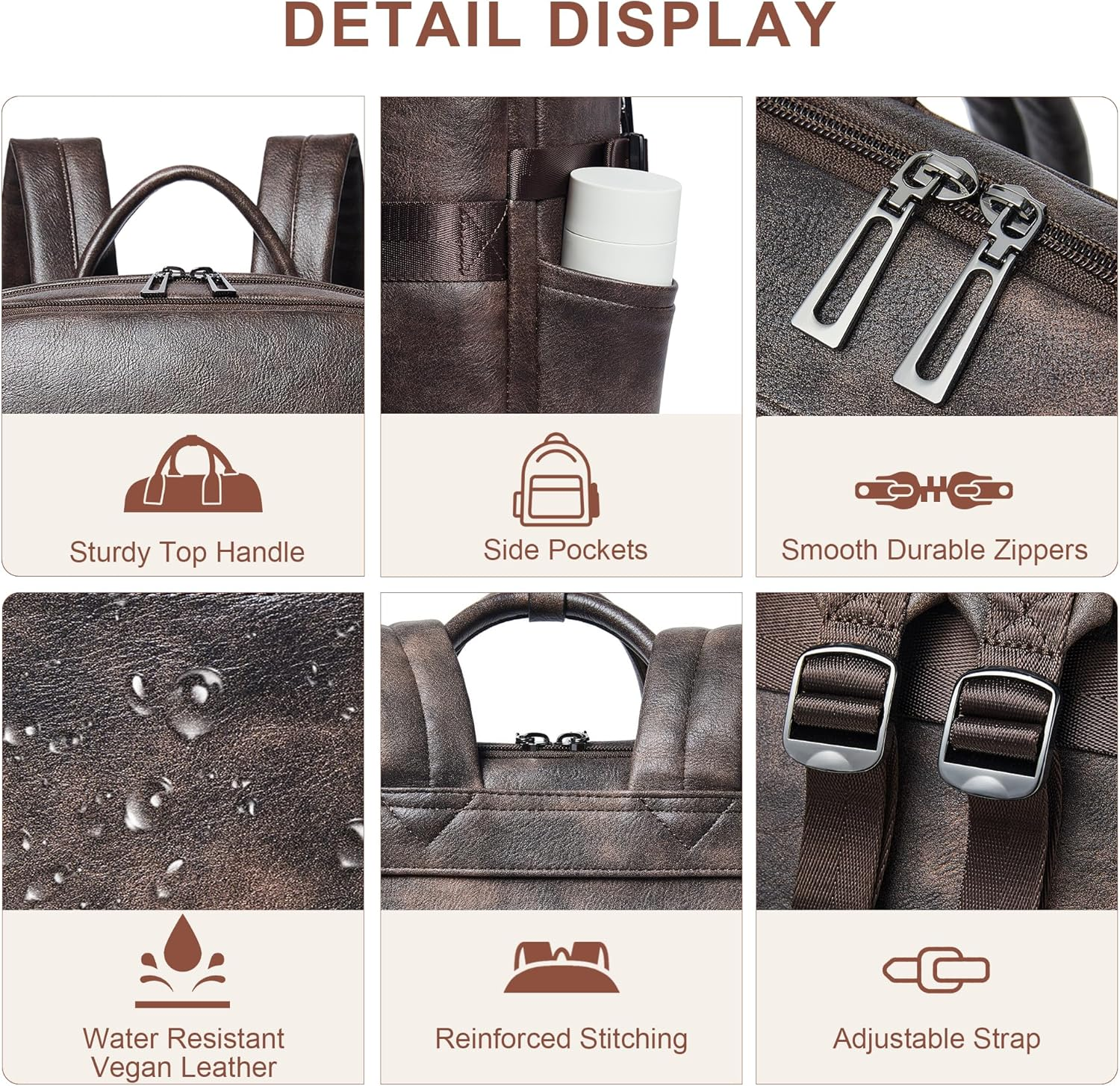 Shrrie Laptop Backpack for Women,Vegan Leather Backpack Work Computer Backpacks Fits 16" Laptop,Water Resistant Teacher Nurse Casual Daypack for Weekender Camping Travel,Beige with Brown image number 3