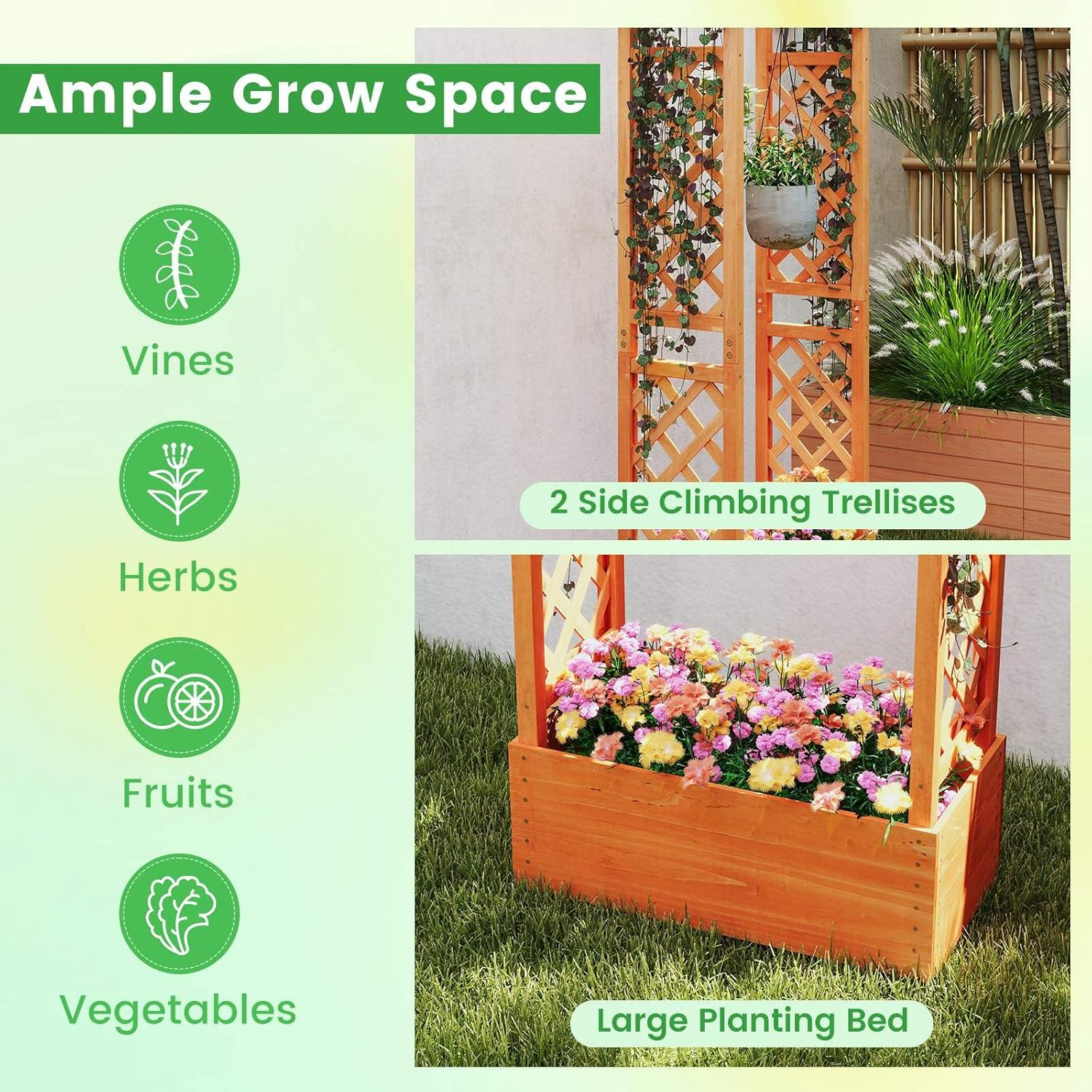 Costway Raised Garden Bed with Trellis, Wood Freestanding Planter Box with Hanging Roof, Drainage Holes for Climbing Plants, Flowers, Vegetables, Indoor Outdoor Planting Bed for Patio Yard - Type 2 image number 3