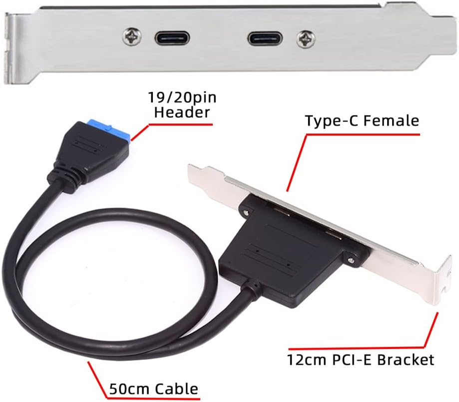 Xiwai Dual Ports USB 3.0 USB-C Type-C Female to 20 Pin Header High Speed 5Gbps Data Transmission PCI-E Back Panel Cable for Computer Motherboards 50Cm image number 1