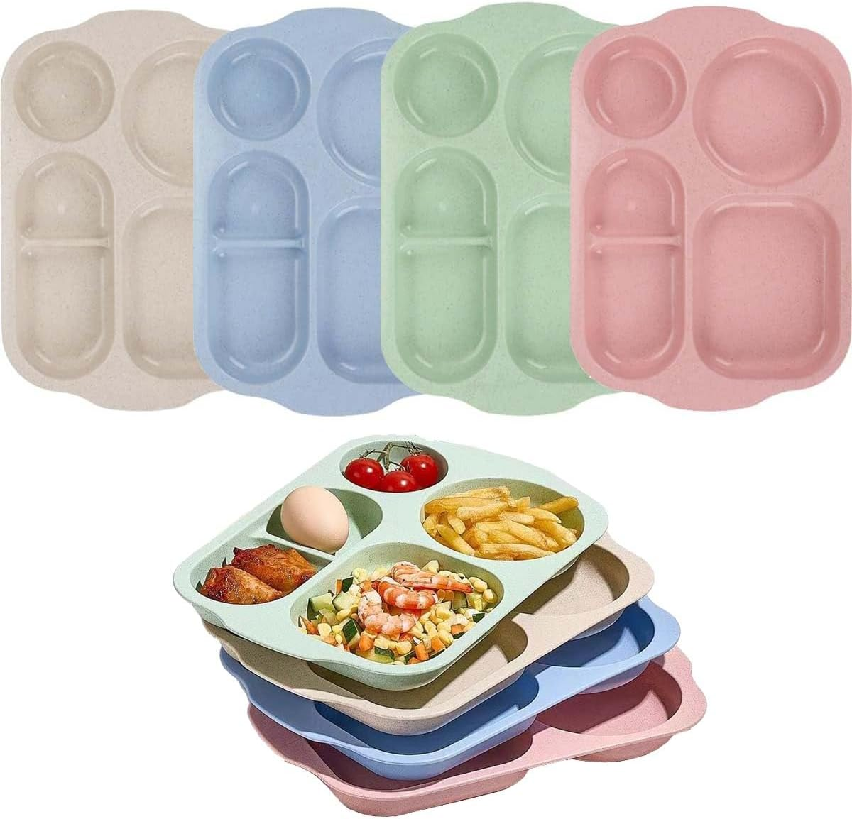 Aiyoo 4 PCS Unbreakable Divided Portion Plates, 12 Inch Dishwasher Safe Tray for Adults,Plastic Home Dinner Plate Feeding Food Training,4Colors for Outdoor Camping Picnic BBQ Beach or Every Day Use image number 2