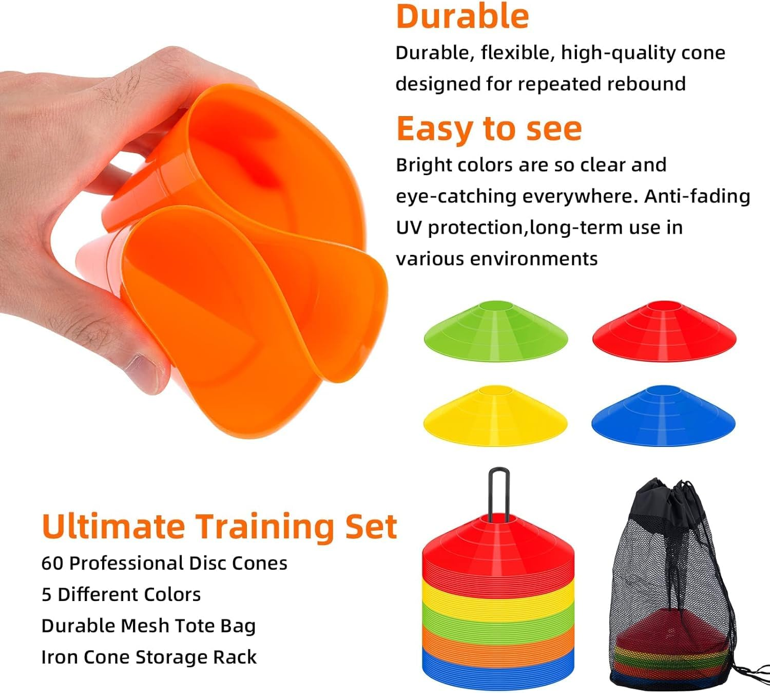 60 Pack Agile Football Cones with Portable Bags and Brackets - Suitable for Sports Training, Basketball, and Football image number 3