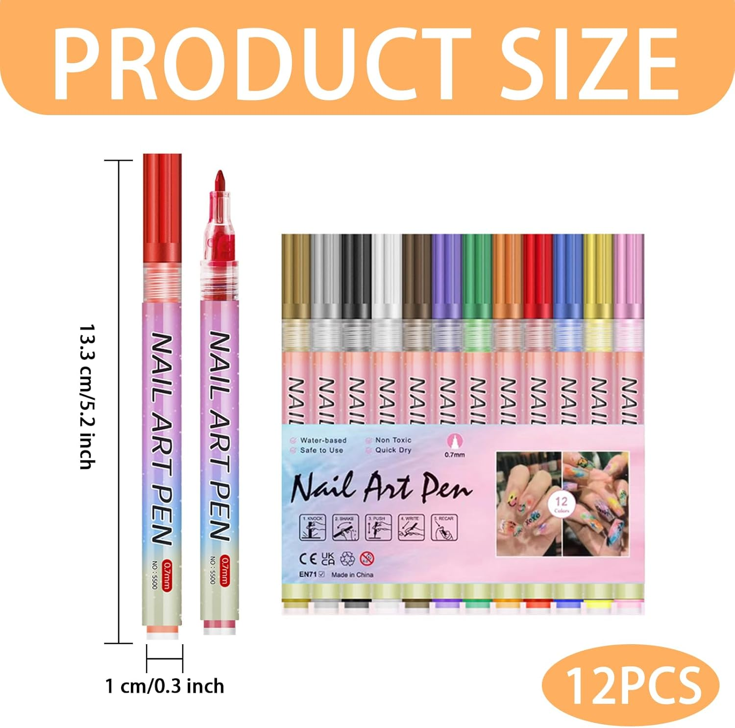 12PCS Nail Art Pens Set, Fine Tip 0.7Mm Waterproof Nail Art Markers for DIY Colorful Nail Designs - 12 Vibrant Colors, Ideal Nail Art Kit for Creative Manicure image number 2