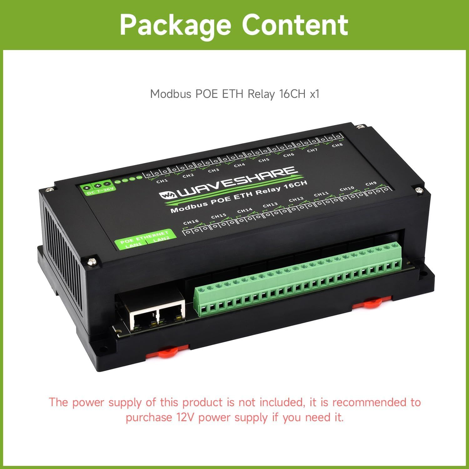 Waveshare 16-Ch Ethernet Module, Modbus RTU/TCP, Ethernet Communication, Support Poe, Various Isolation & Protection Circuits, Industrial Rail-Mount