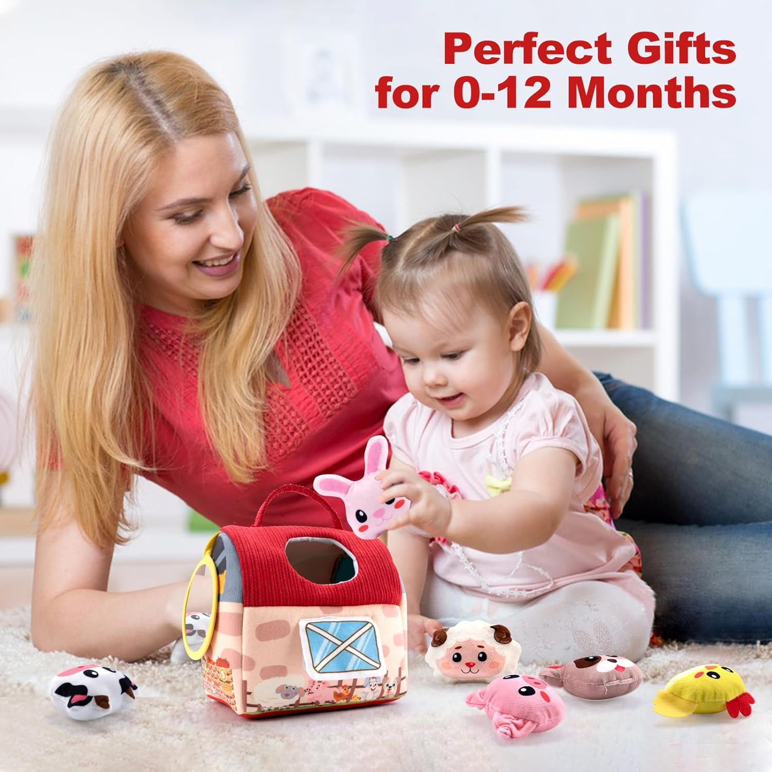 Rayouth Baby Toys 6-12 Months, Soft Barn House with 6PCS Stuffed Farm Animals, Sensory Montessori Toy for Toddlers 1-3, Rattle, Crinkle Sound & Mirror, Infant Boys Girls Developmental Birthday Gifts image number 2