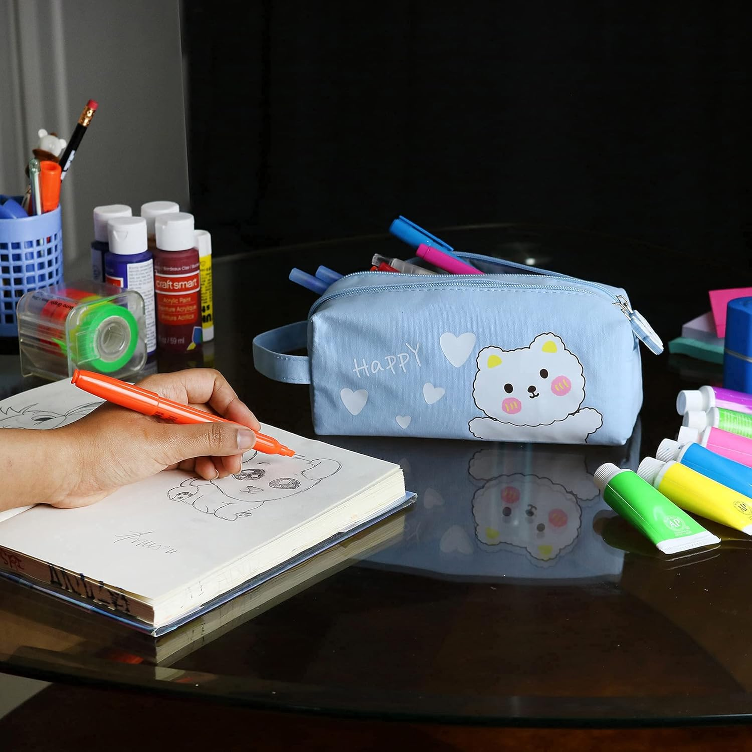 Wittysilly Cute Bear Pencil Pouch for Boys, Kawaii Large Capacity Blue Pencil Case, Stationery Organizer Bag, High School College Pen Case, Office Supply Case Organizer (Sky Blue)