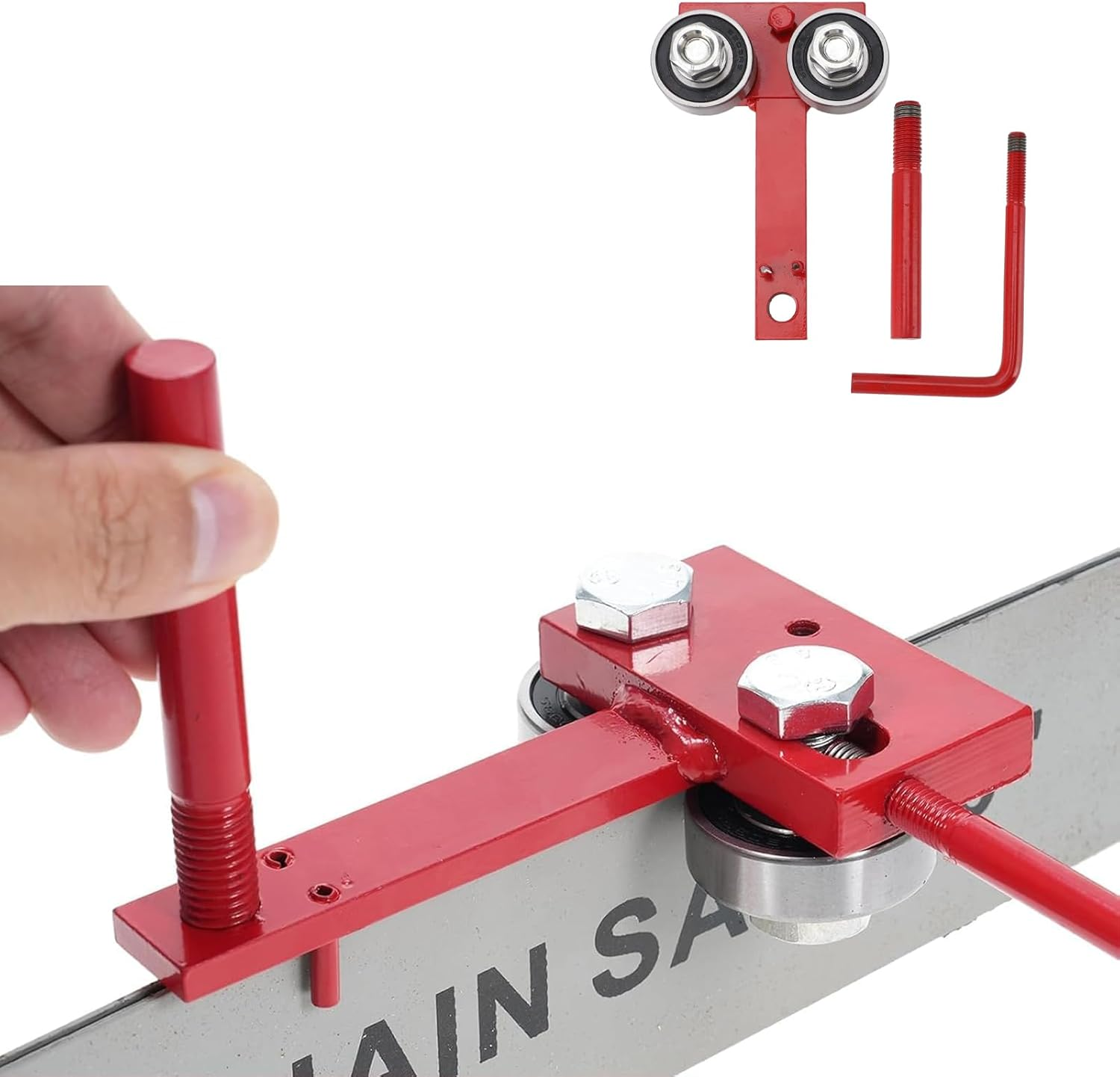 Chainsaw Bar Rail Tightening Repair Tool, Cast Iron Aluminum Chainsaw Bar Rail Closing Tool with Efficient File Design, for Chainsaw Chain Grinding, Red image number 2