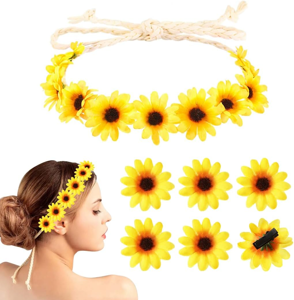 Youery Flower Headband, Sunflower Hair Accessories, Sunflower Headband with 6 Hair Clips, Goose Flowers, Flower Headpiece for Wedding, Beach, Travel, Party image number 6