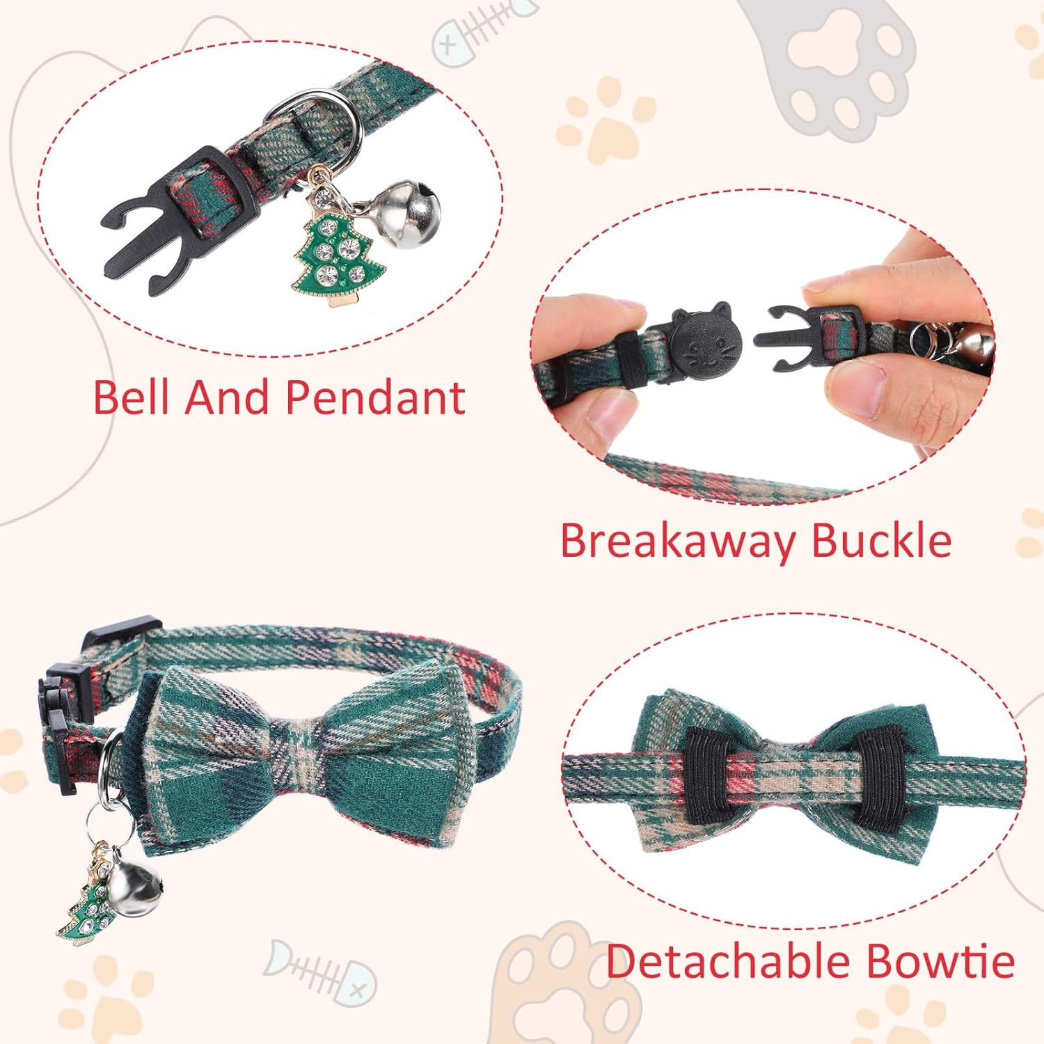 Prasacco Pack of 2 Christmas Cat Collars, 30 X 1 Cm, Adjustable Kitten Collar, Cute Cat Collar with Santa Claus, Christmas Tree, Small Bow and Bell (Green, Red) image number 4