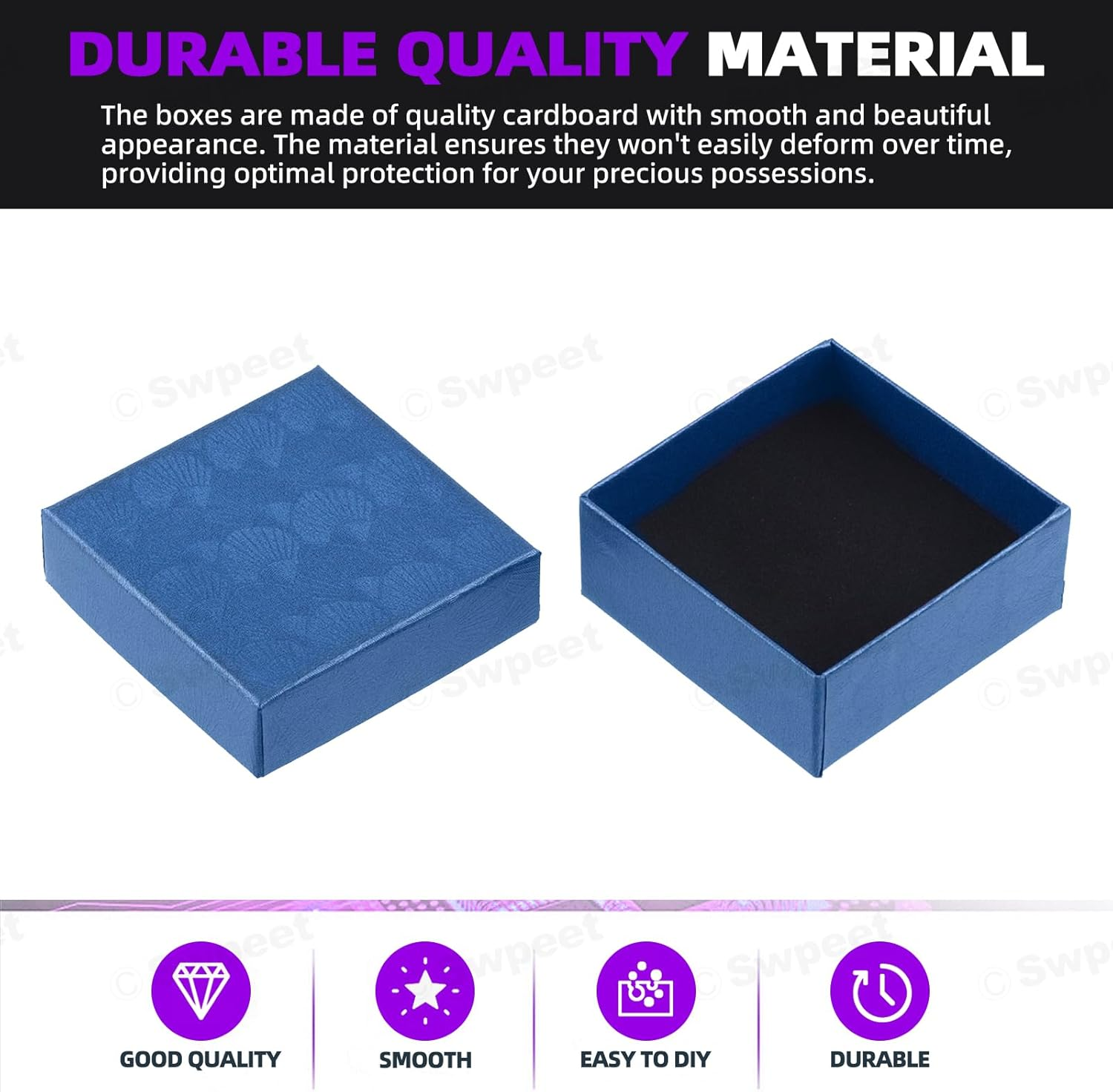 Swpeet 17Pcs 2.95 X 2.95 X 1.2Inch Sapphire Blue Fan Pattern Cardboard Jewelry Gift Boxes with Scissors and Polyester Ribbon Assortment Kit, Necklace Earring Bracelet Boxes Gift Case for Jewelry - Black image number 4