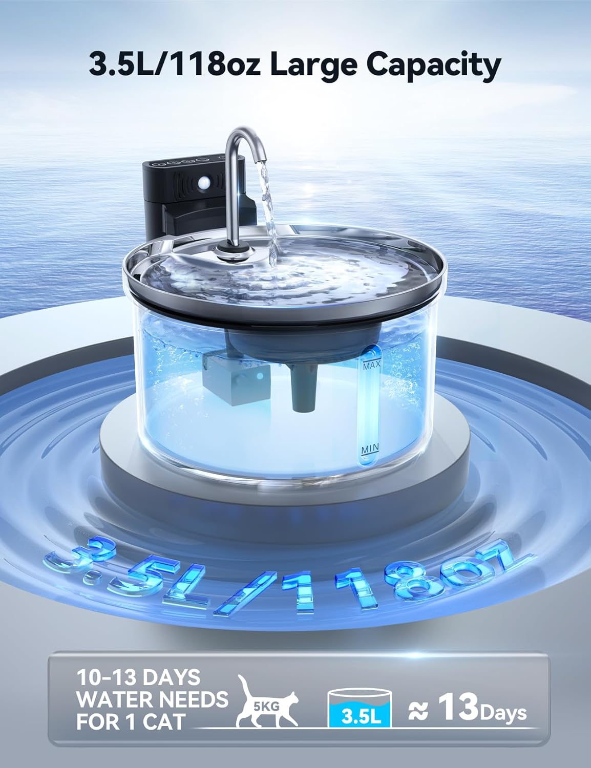 FEELNEEDY Stainless Steel Cat Water Fountain with 6 Filters, 3.5L/118Oz 4000Mah Battery Operated Cat Water Fountain with Motion Sensor, Water & Battery Separation (Fn-W08L-Stainless Steel+6 Filters)