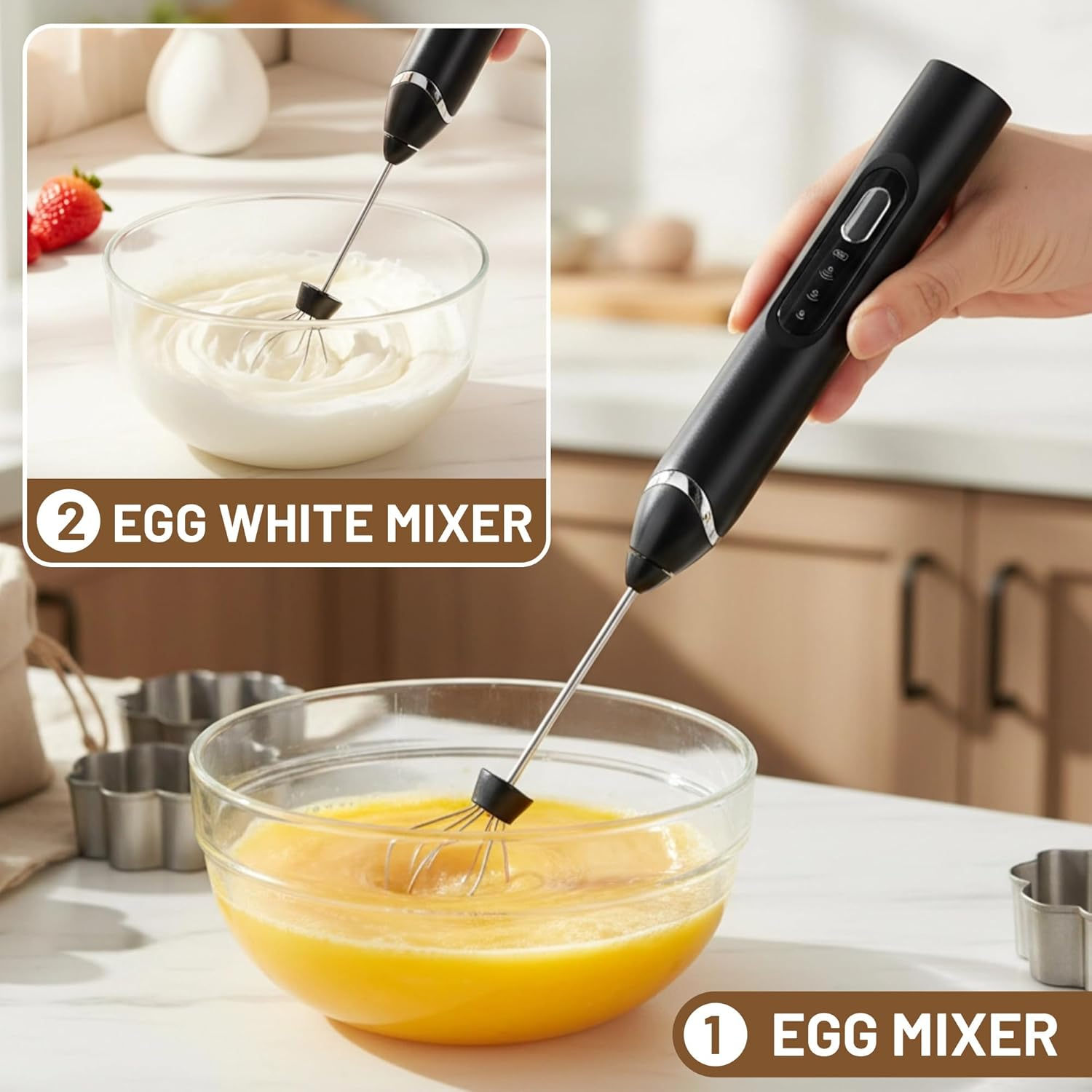 Milk Frother, Handheld Electric Foam Maker,Rechargeable Power Frother Wand Foam Maker,Drink Mixer for Coffee, Latte, Cappuccino, Matcha, Hot Chocolate, Egg,With Stand, Black image number 2