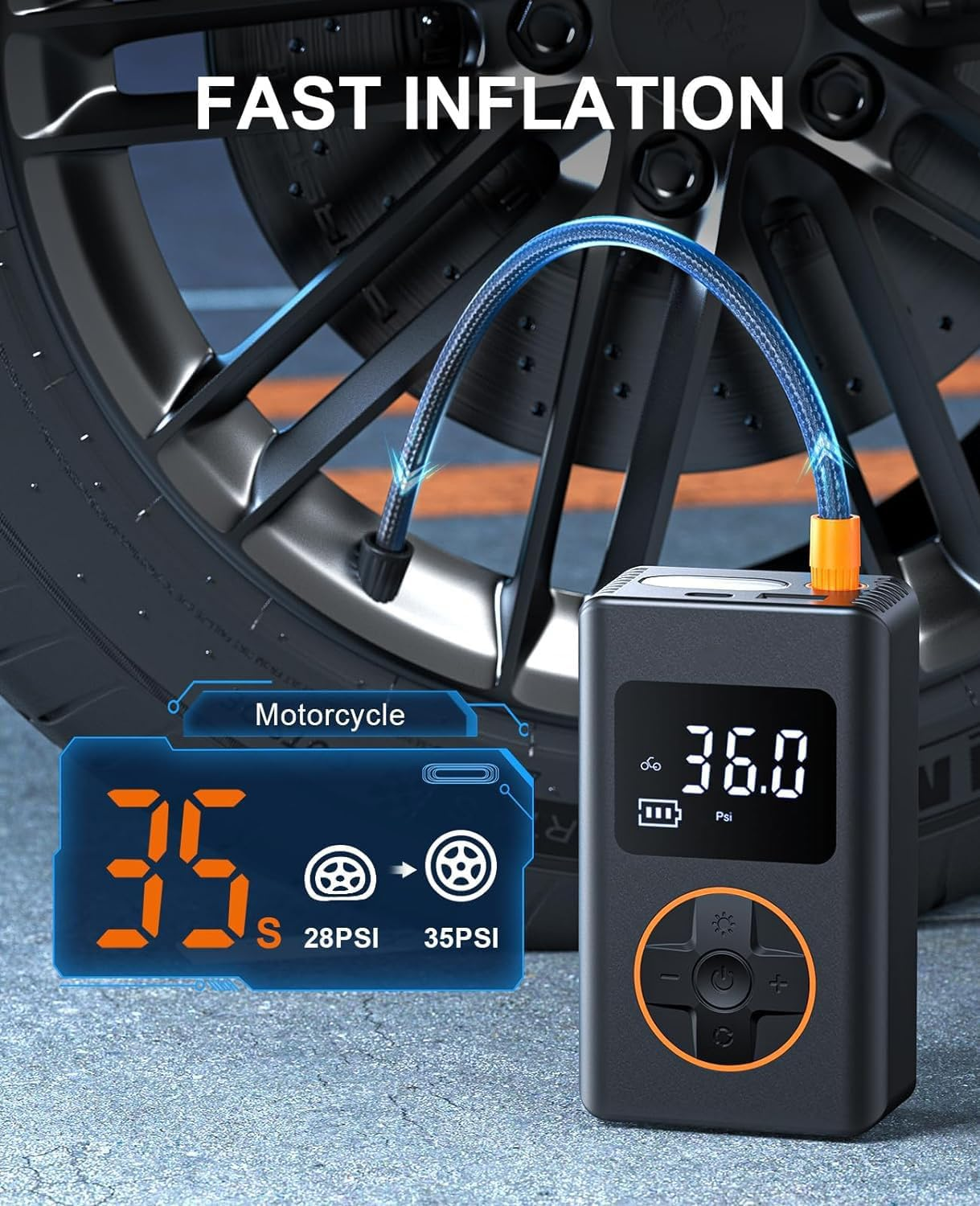 QUIXNOVA Tire Inflator Portable Air Compressor - 150 PSI Cordless Mini Bike Tire Pump, Air Pump for Car Motorcycle Bicycle Tires, Balls, with Pressure Gauge, LED Light image number 2