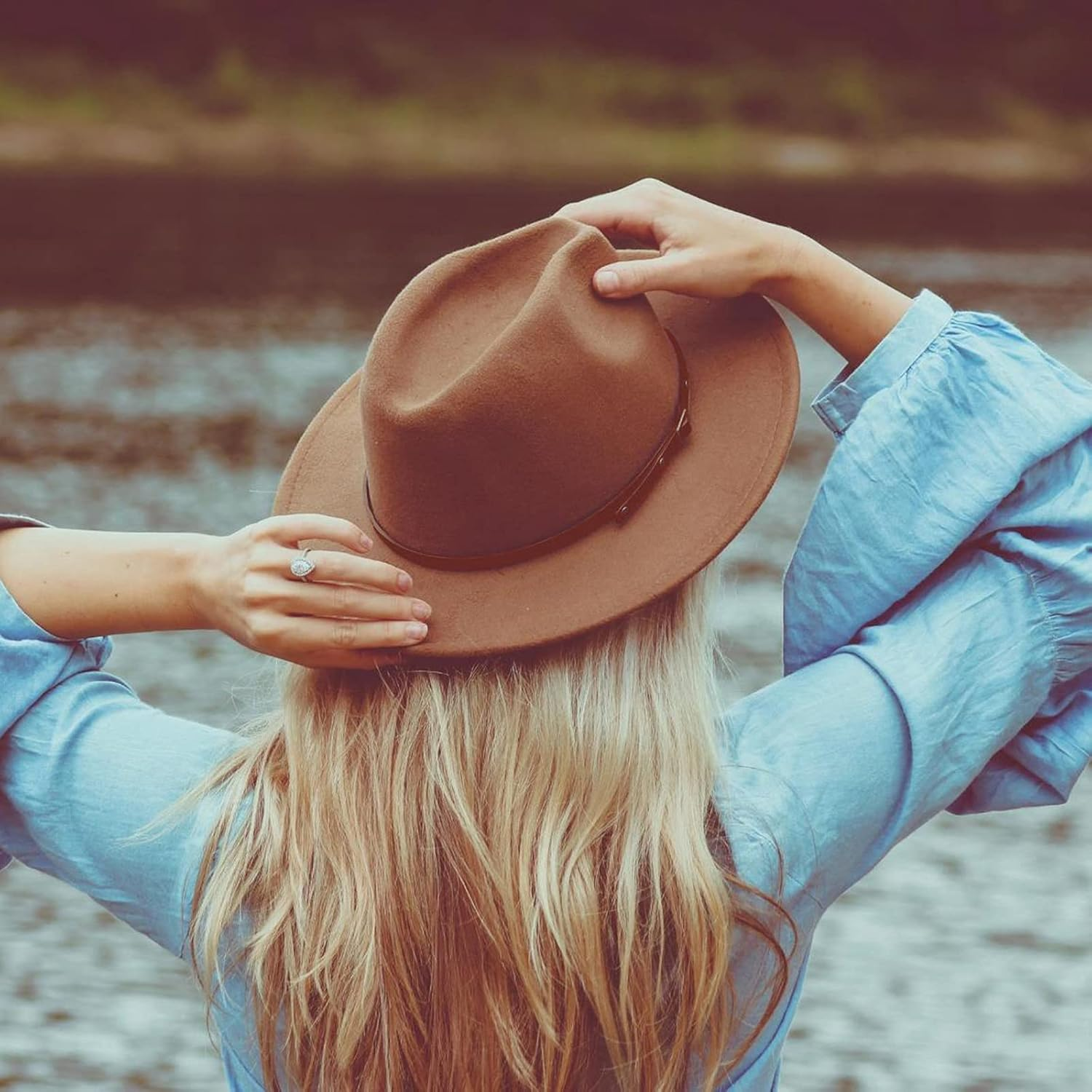 Muryobao Womens Classic Wide Brim Panama Hat Belt Buckle Wool Felt Fedora Hat image number 3