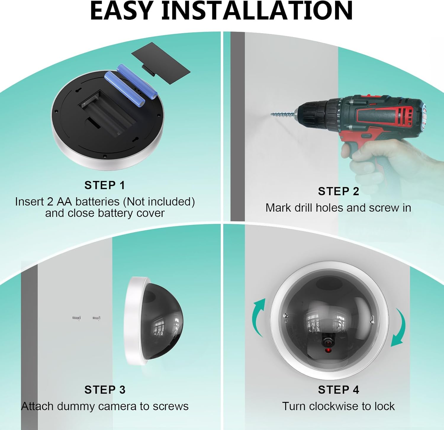 WALI Dummy Fake Security CCTV Dome Camera with Flashing Red LED Light with Security Alert Sticker Decals (SDW-2), 2 Packs, White - Black image number 4