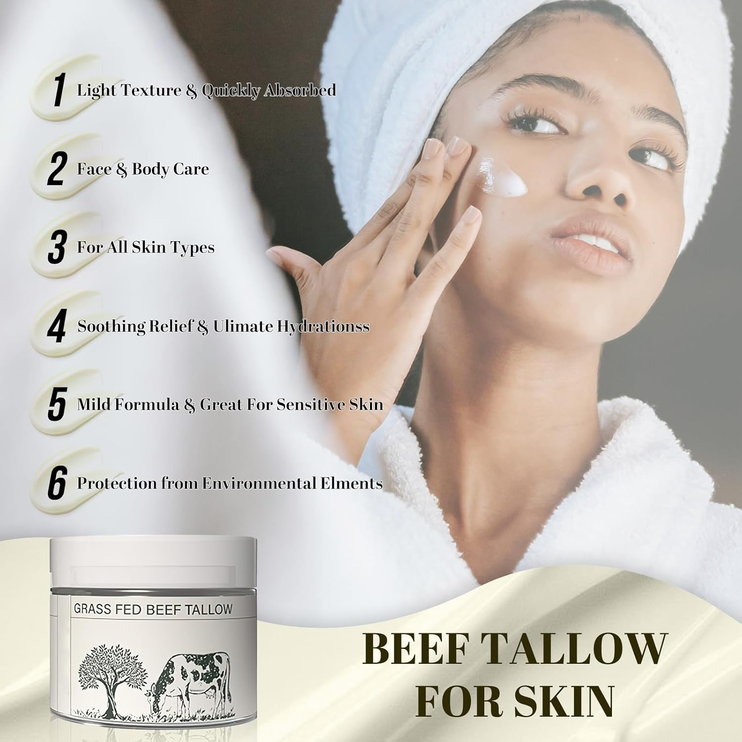 Beef Tallow for Skin, Grass Fed Beef Tallow Grass Finished Organic Tallow Face Moisturizer, Beef Tallow, Beef Tallow Balm Whipped Tallow Face Cream Moisturizer for Body Lotion Skin Care (1.7OZ) image number 1