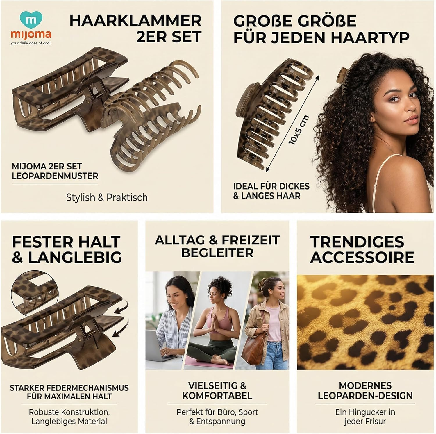 MIJOMA Hair Clips Set of 2 in Leopard Print - Large Hair Clips 10 X 5 Cm for Women & Girls - Stylish Hair Accessories for a Firm Hold for Everyday and Leisure image number 2
