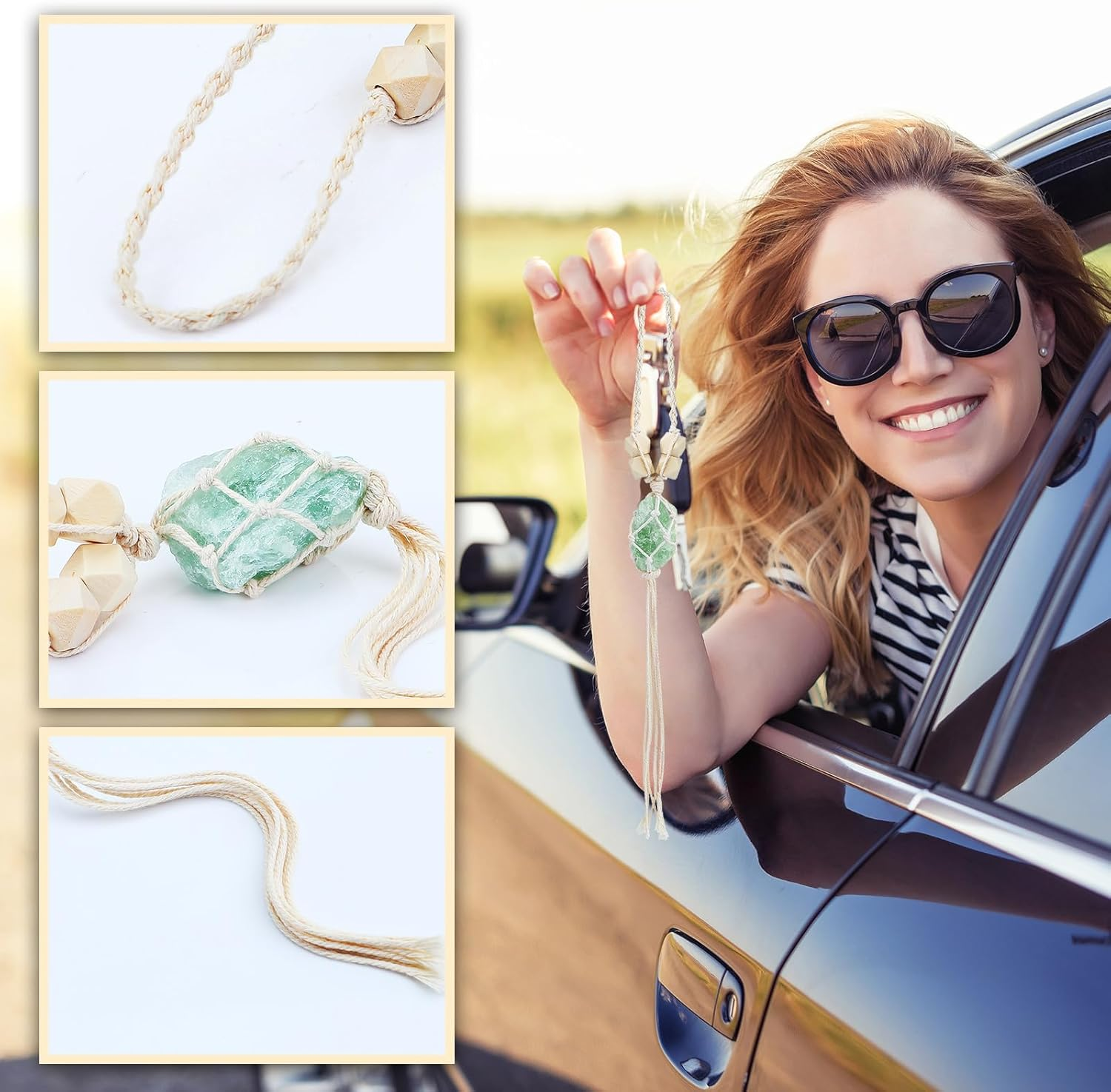 BBTO 4 Car Accessory Set, Steering Wheel Cover, Ceramic Coasters, Daisy Flower Clip Air Freshener, Crystal Hanging Ornament for Women(Sage Green)