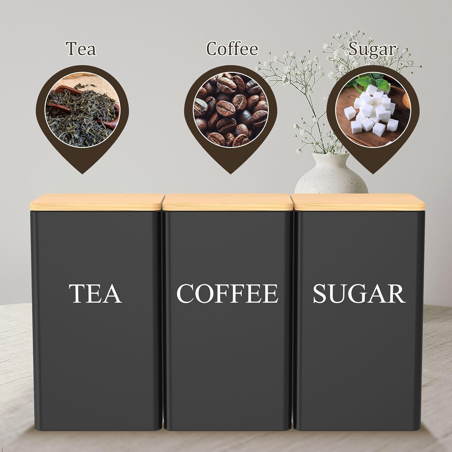 Tea Coffee Sugar Canister 1000 Ml Metal Coffee Tea Sugar Container with Airtight Bamboo Lid and Name Marker Food Storage Containers Jars for Coffee Sugar Tea Black Container Sets (Black) image number 4