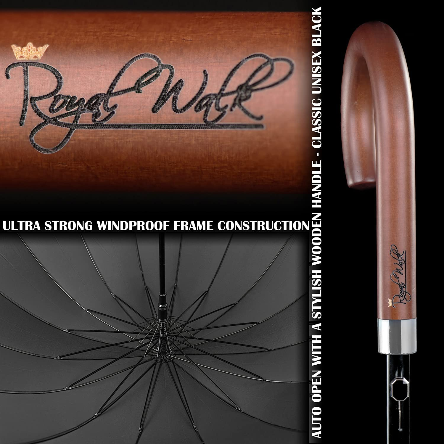 Royal Walk Windproof Large Umbrella for Rain 54 Inch Automatic Open for 2 Persons Wind Resistant Big Golf Umbrellas for Adult Men Women Classic Wooden Handle Fast Drying Strong 16 Ribs Travel 120Cm (Black) - Dark Green image number 2