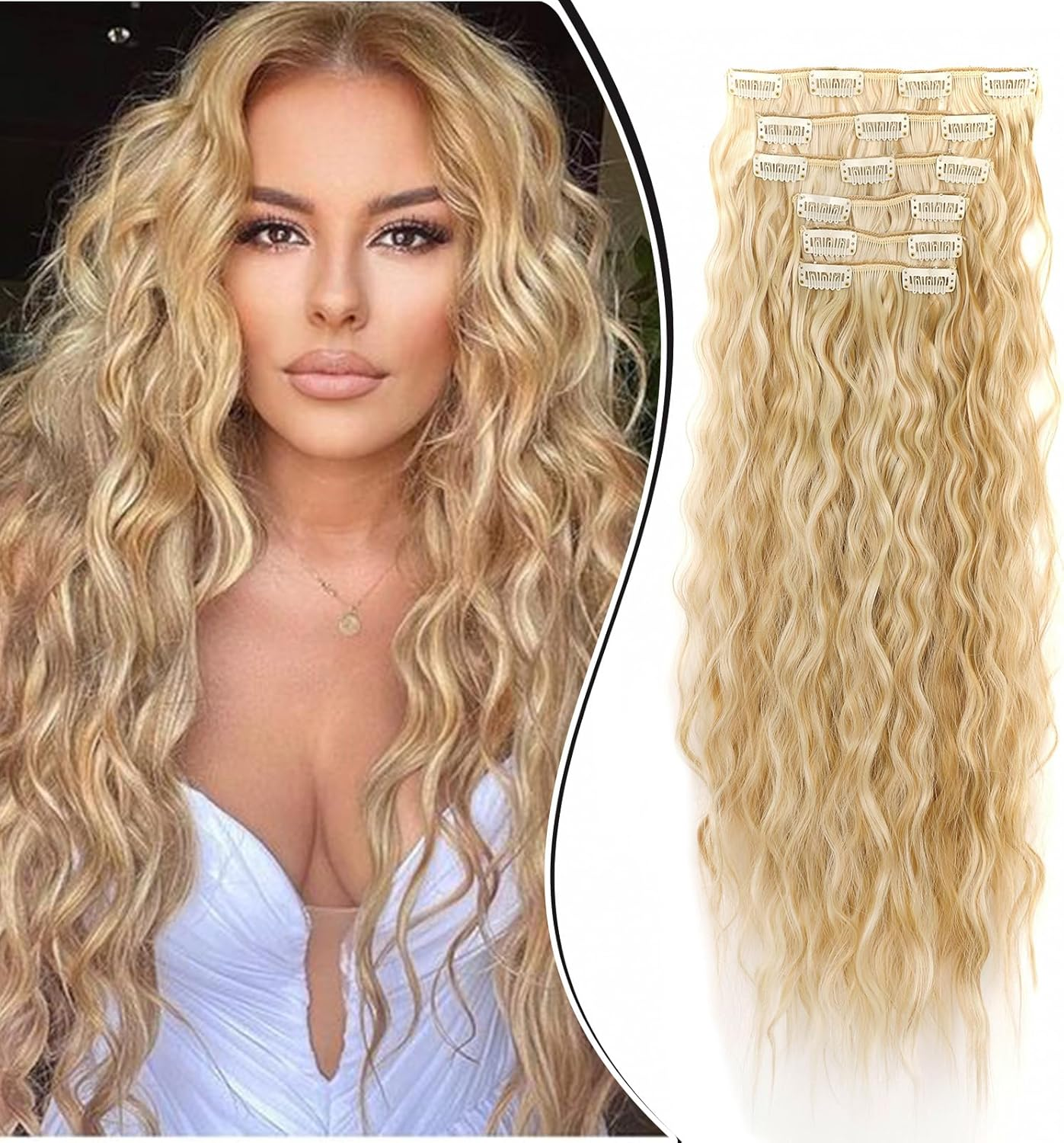 Dcbaboo Hair Extensions Clip in 6PCS 20Inch Curly Wavy Clip in Hair Extension Long Wave Synthetic Fiber Fake Hair Pieces for Women Clip in Extensions Full Head Natural Hairpiece, Light Brown/Blonde