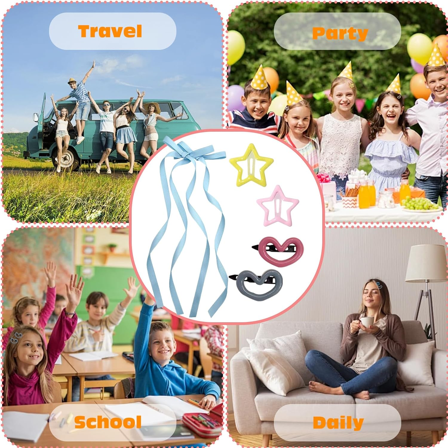 KASESSS 24 Pcs Hair Clips Women and Girls, Heart and Star Hair Clips Set, Long Ribbon Bow Hair Clip Colorful Snap Hair Clips Plastic and Metal Hair Clips Cute Hair Accessories for Daily Party Wedding image number 4