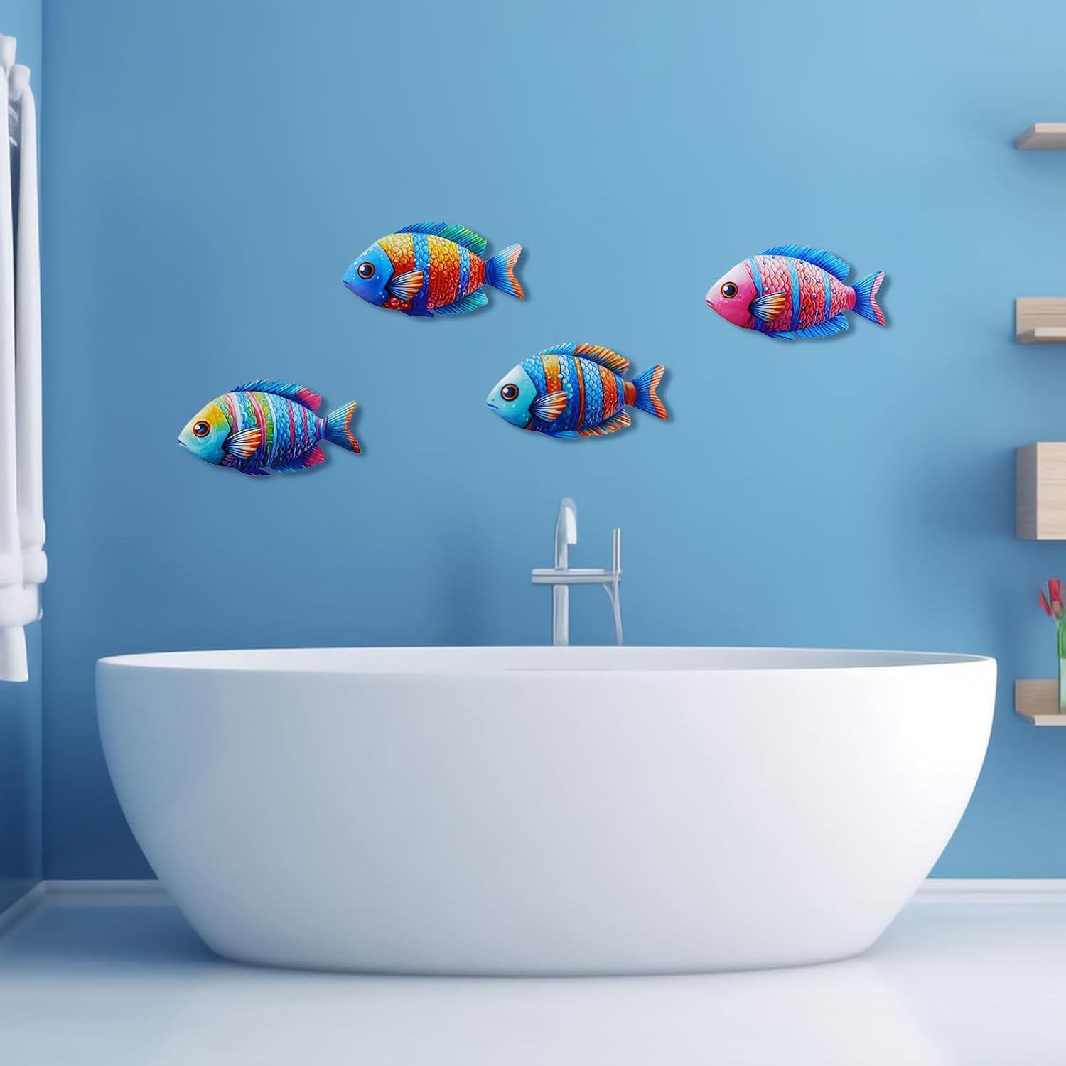 4Pcs Tropical Fish Decor, LIOUCBD Colorful Wall Decor Indoor or Outdoor, Metal Fish Wall Decoration for Beach Nautical Swimming Pool, Hanging Ocean Sea Wall Art for Living Room Barthroom Bedroom Patio image number 1