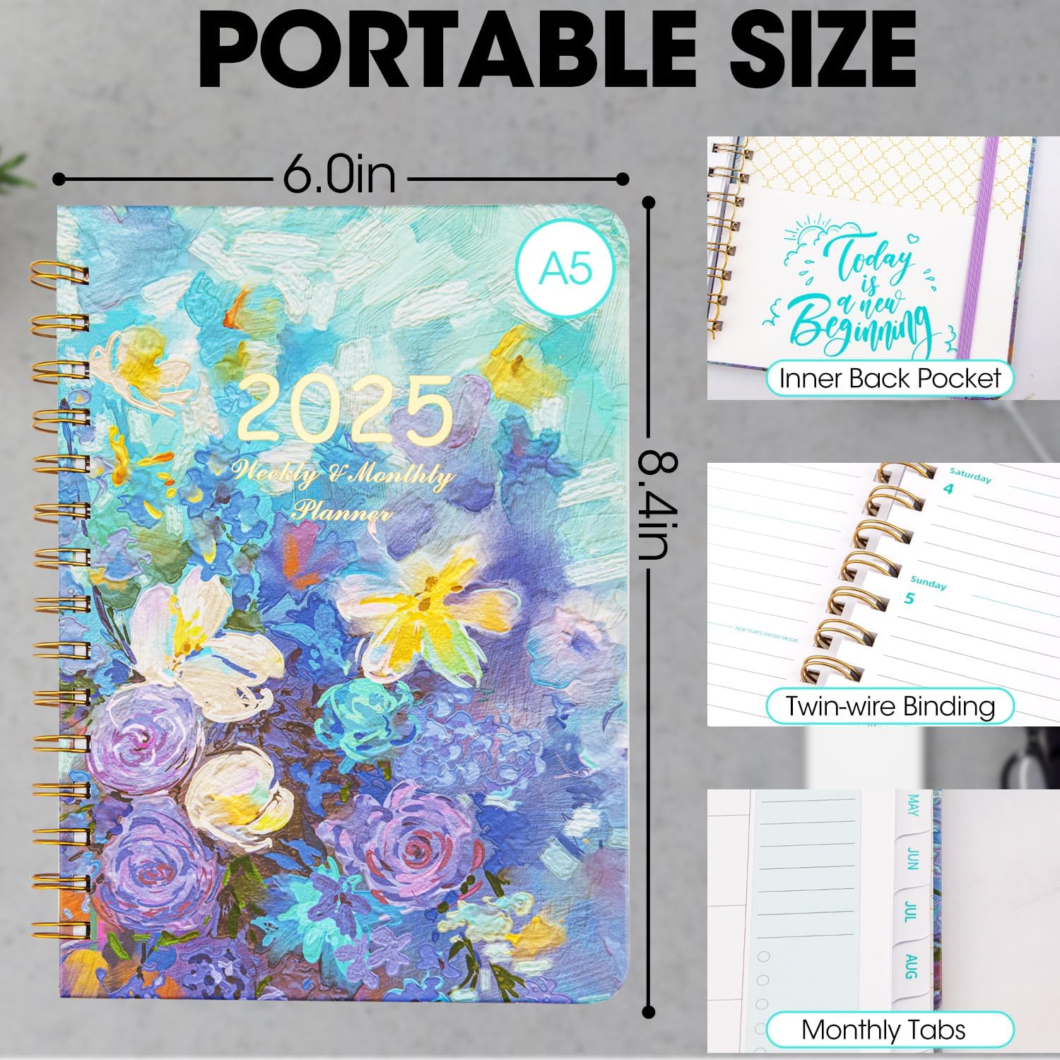2025 Planner - 2025 Planner Weekly and Monthly, JAN. 2025 - DEC. 2025, 8.4" X 6" Calendar Planner Notebook with Monthly Tabs, 140 Pages Daily Organizer with Back Pocket, Purple Floral