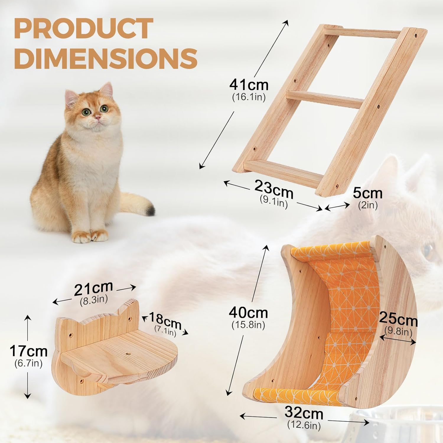 Cat Hammock Wall Mounted 3Pcs Set, Wooden Cat Wall Shelves Scratching Posts, Moon Shape Cat Perches and Cat Wall Furniture for Climbing, Playing and Sleeping - 3Pcs Cat Shelves Set image number 4