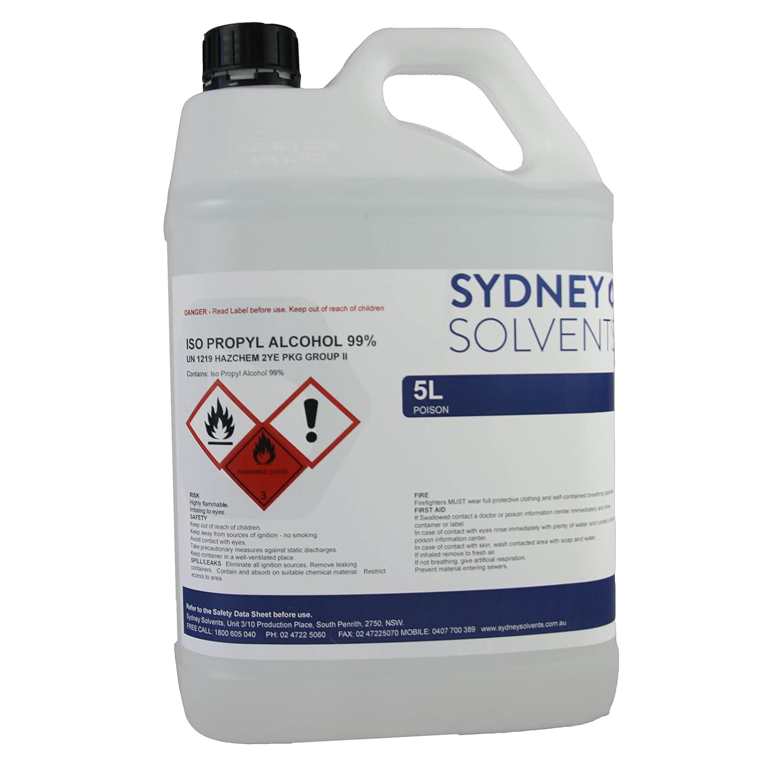 Sydney Solvents Isopropyl Alcohol 99% 5L &ndash; High Purity Cleaner for Household & Industrial Use &ndash; Fast Drying, Streak-Free &ndash; Ideal for Cleaning Products