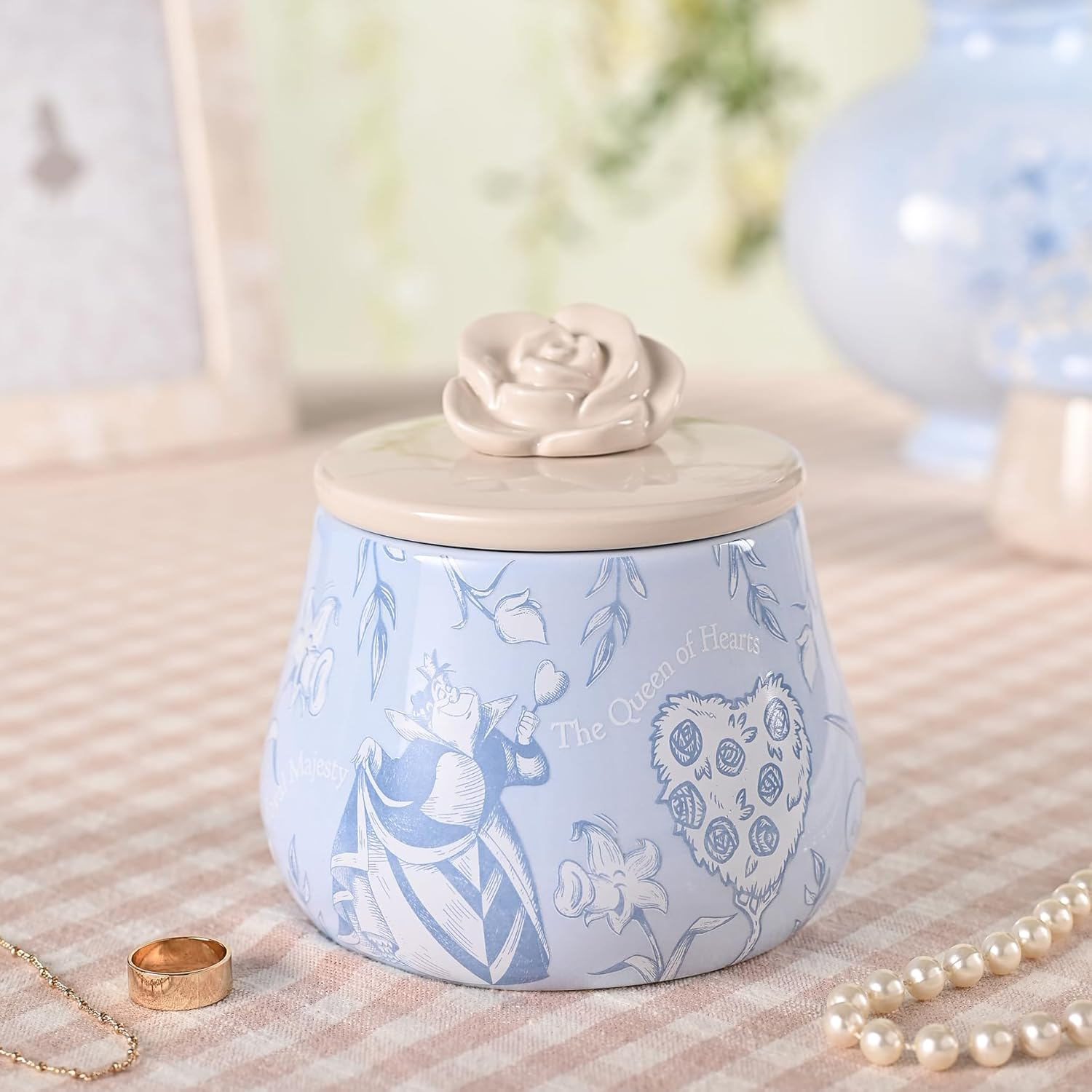 Disney - Alice in Wonderland - Ceramic Blue/Beige Rose Trinket Box Officially Licensed Product - the Queen of Hearts Flowers Motif. Decor Homeware for Dining Room & Living Room. H:12 X W: 12 X D:12Cm. image number 3