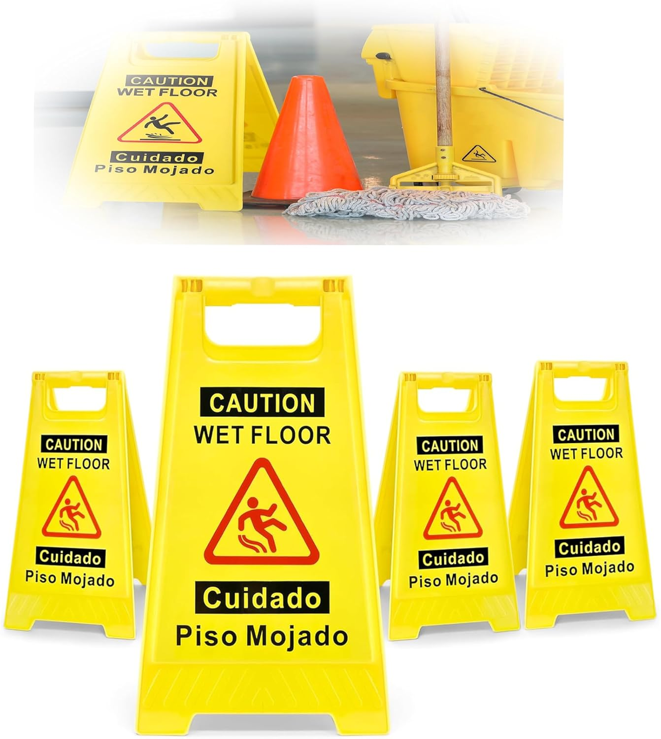 Professional Caution Wet Floor Sign, 4-Pack, Double-Sided A-Frame, Yellow, 17.5 Inch Height, Bilingual Warning Message image number 5