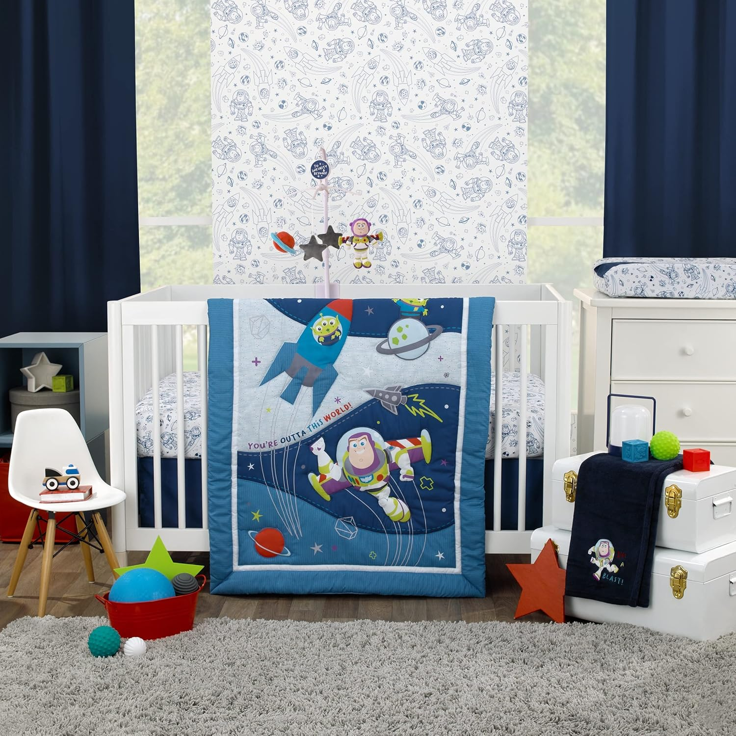 Disney Toy Story Outta This World Blue and Gray 3 Piece Nursery Crib Bedding Set - Comforter, Fitted Crib Sheet, and Crib Skirt (4763276P)