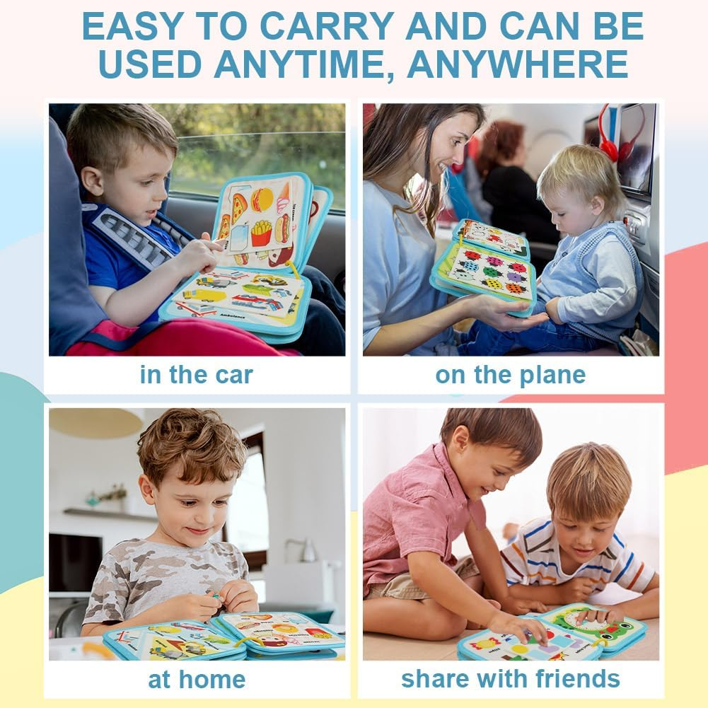 OSDUE Busy Board, Quiet Book Montessori Soft Felt Book Activity Board Motor Skills Toy for Early Education Gift Boy Girl Sensory Learning Toy for Travel Car Plane (Blue) image number 5