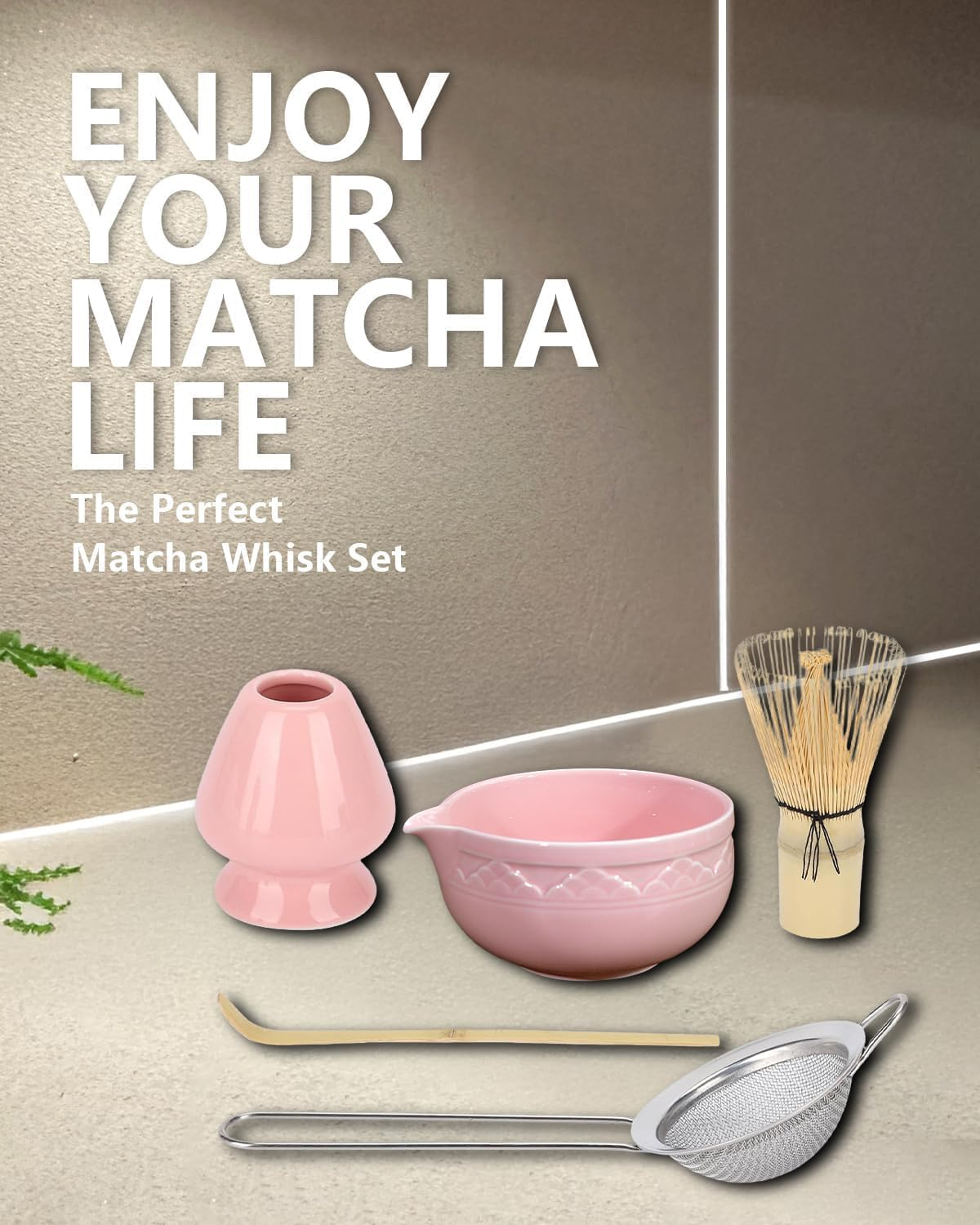 6 Pack Matcha Whisk Set, Japanese Tea Set Includes Matcha Bowl with Spout, Bamboo Matcha Whisk and Scoop, Matcha Whisk Holder, Stainless Steel Sifter, Scoop Stand, Matcha Kit for Matcha Love (Pink) - Green image number 3