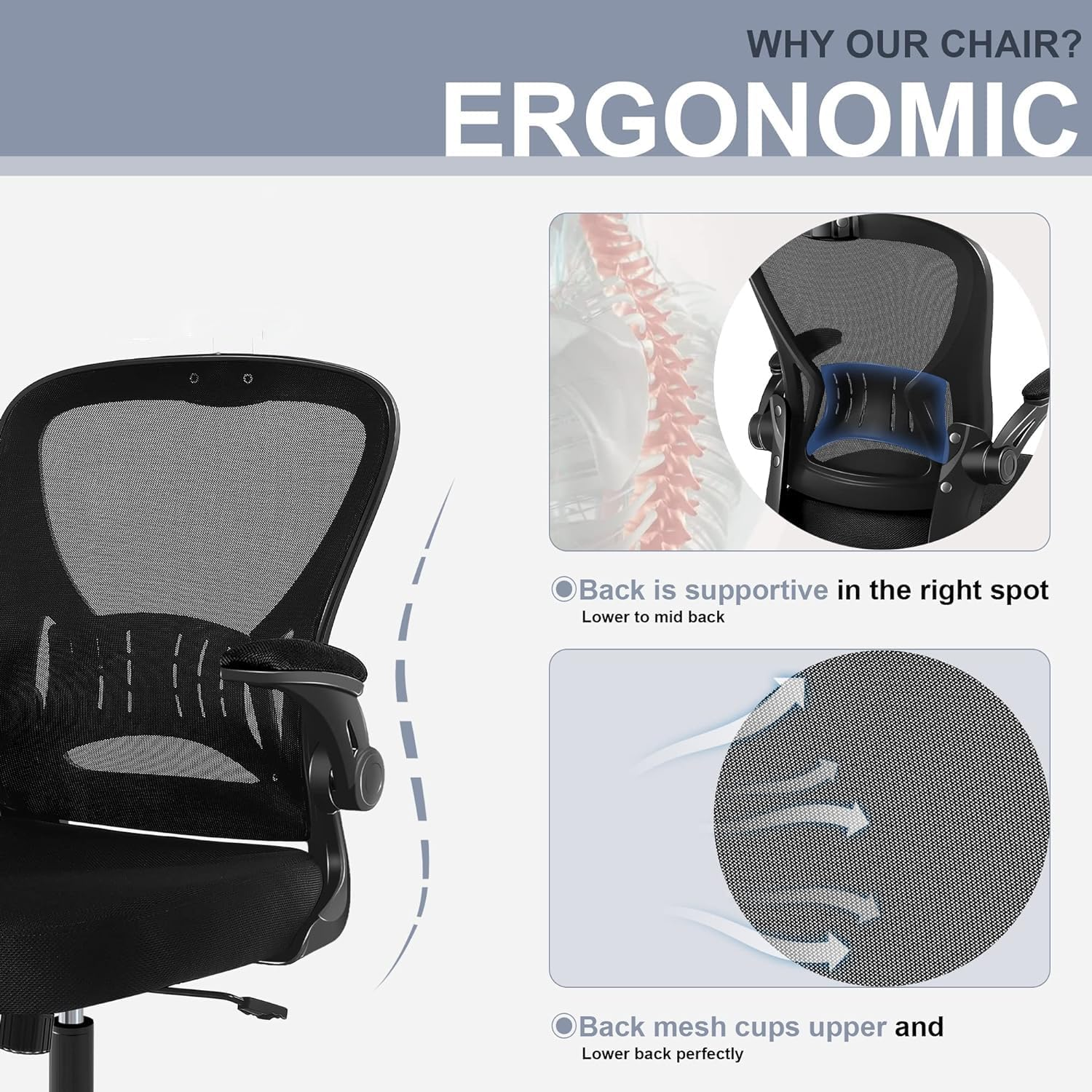 Ergonomic Office Chair, Comfy Swivel Mesh Chair Movable Cushion Lumbar Support Adjustable Armrests & Height Adjustment Desk Chair (Black)