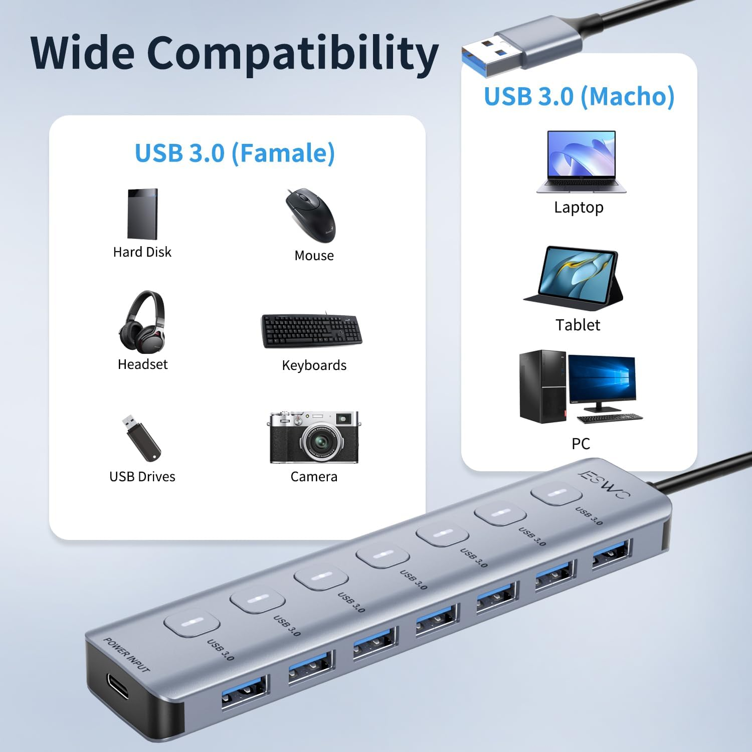 7-Port USB 3.0 Hub &mdash; Aluminum Alloy 7X USB-A Ports with Independent On/Off Switches & LED Indicators, 5Gbps High-Speed, 1M Cable, Plug & Play for Laptop Desktop Mac Windows image number 4