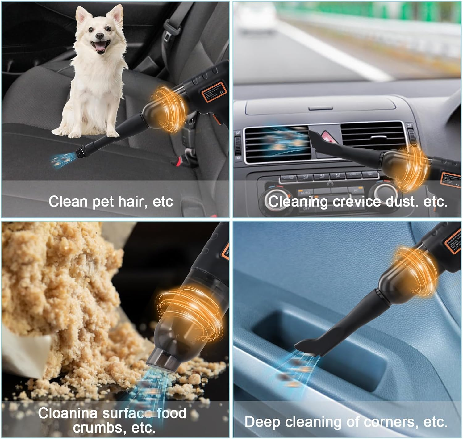 Handheld Vacuum Cleaner Powerful, 16000Pa Car Vacuum Cleaner Cordless, 4-In-1 Compressed Air Duster & Air Blower & Pump, USB Rechargeable 200W, Car Hoover for Pet Hair Sofa Home Office (Black) image number 3