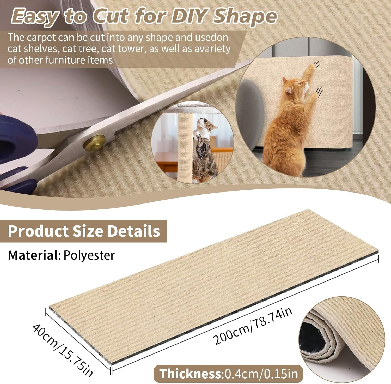 40&times;200Cm Cat Scratch Furniture Protector, Large Cat Scratching Mat, Couch Carpets Protector, Self Adhesive Trimmable DIY Cat Scratch Pad, Durable Cat Tree Replacement Scratching Boards (Dark Grey) - Khaki image number 6