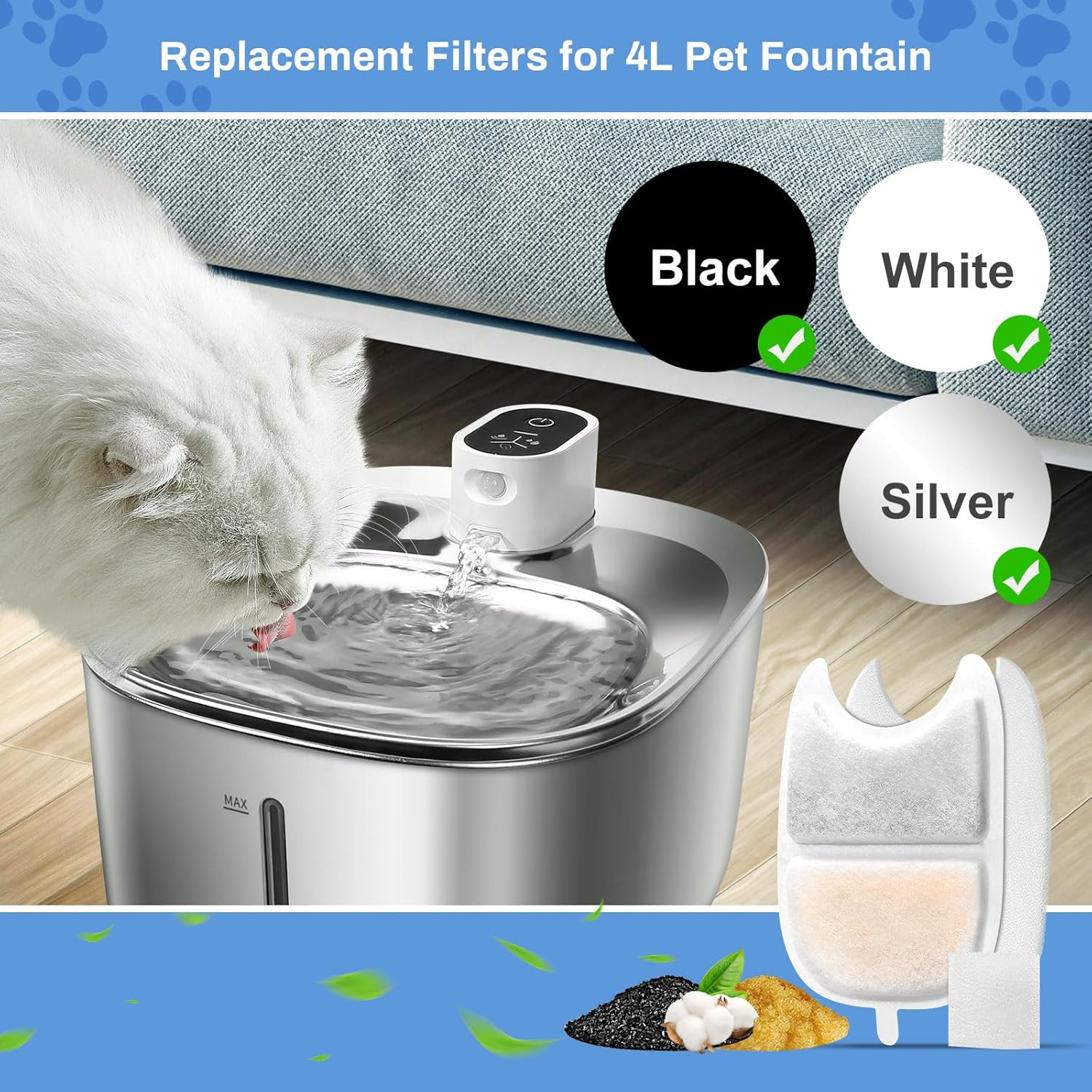 Feriva Cat Fountain Filter Sponges Replacement, Triple Filtration, 6 Pack (6+6+6) image number 2